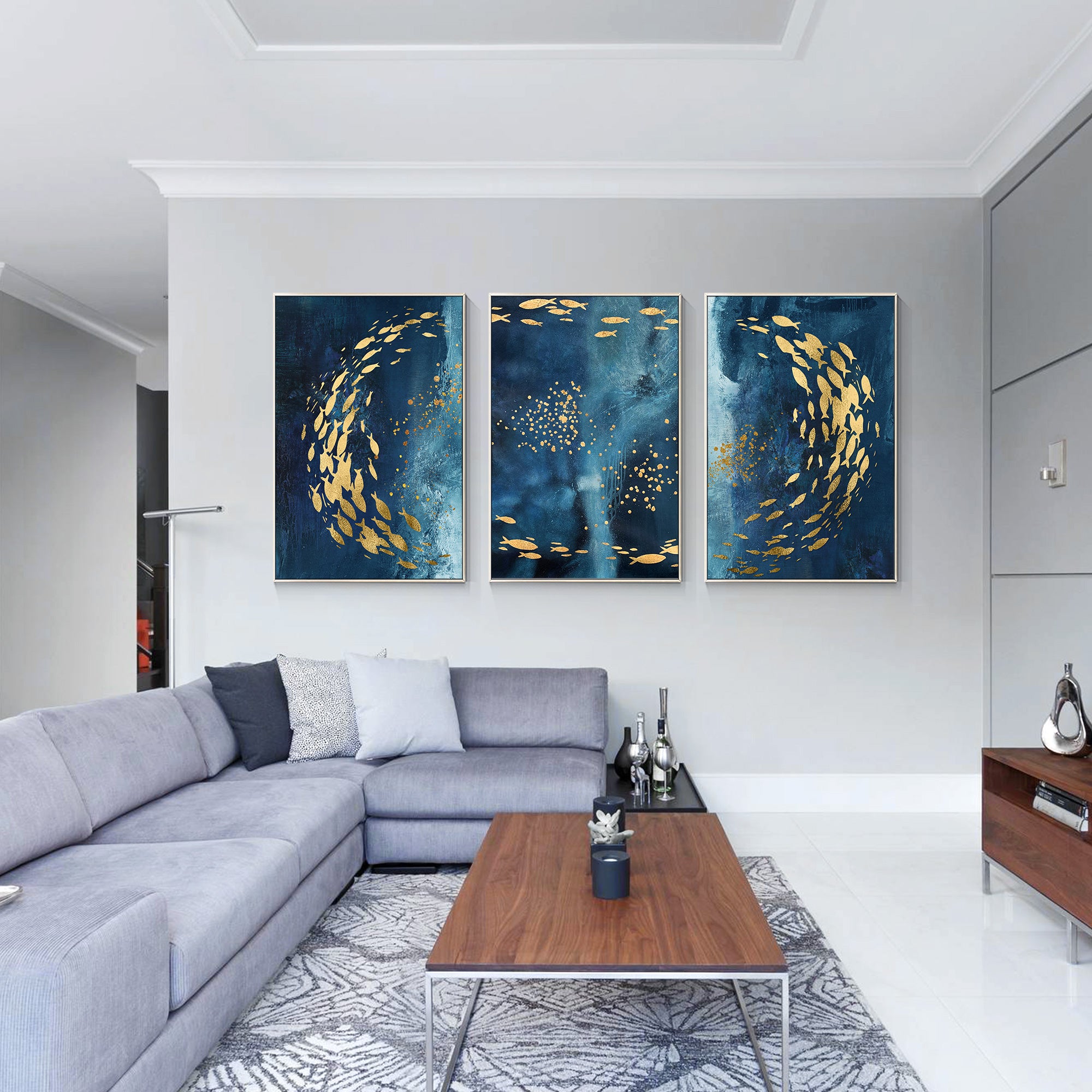 Dreifache Koi Fisch Kunst Marine blau Gold abstrakt gerahmt Wandkunst/Fisch Kunstwerk