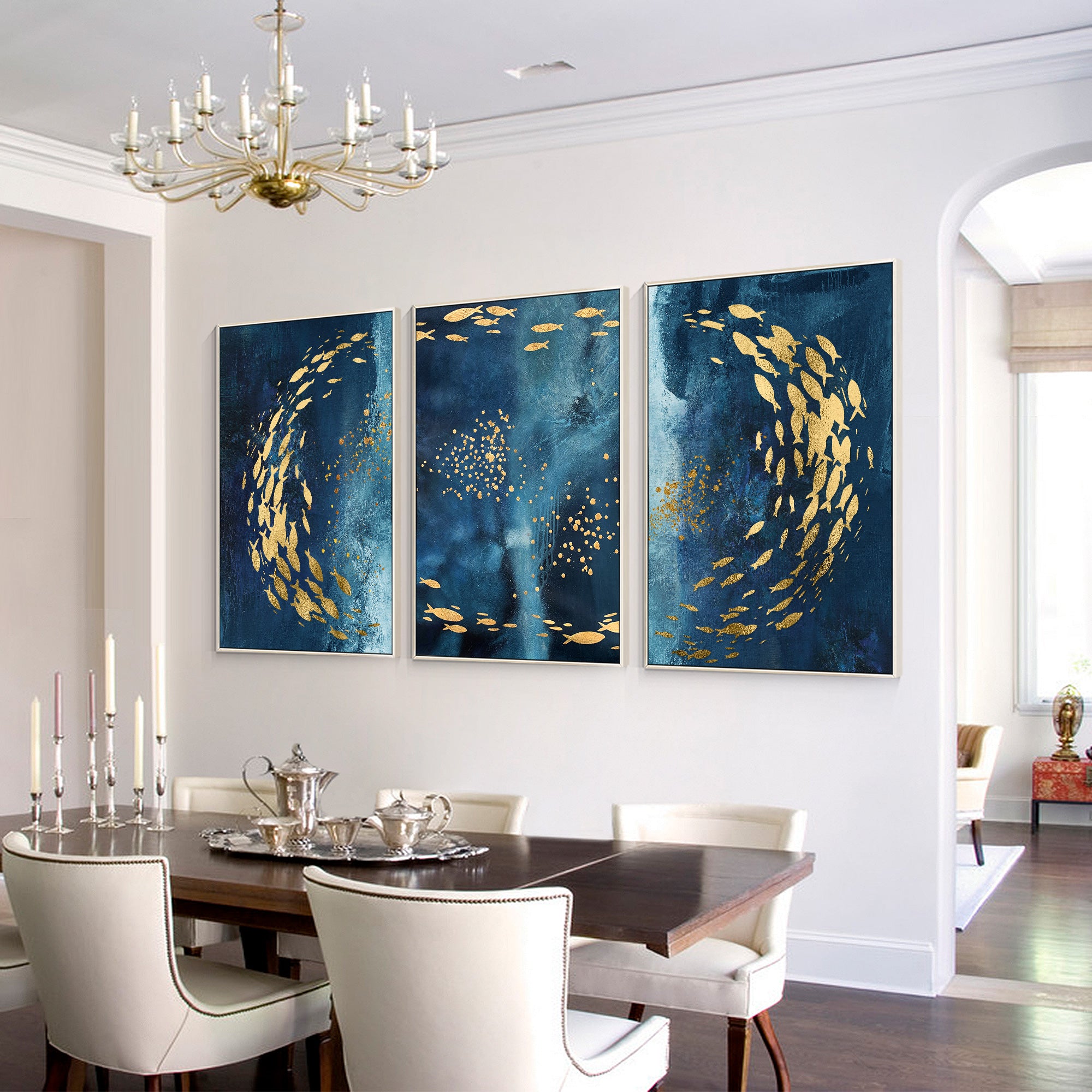 Dreifache Koi Fisch Kunst Marine blau Gold abstrakt gerahmt Wandkunst/Fisch Kunstwerk