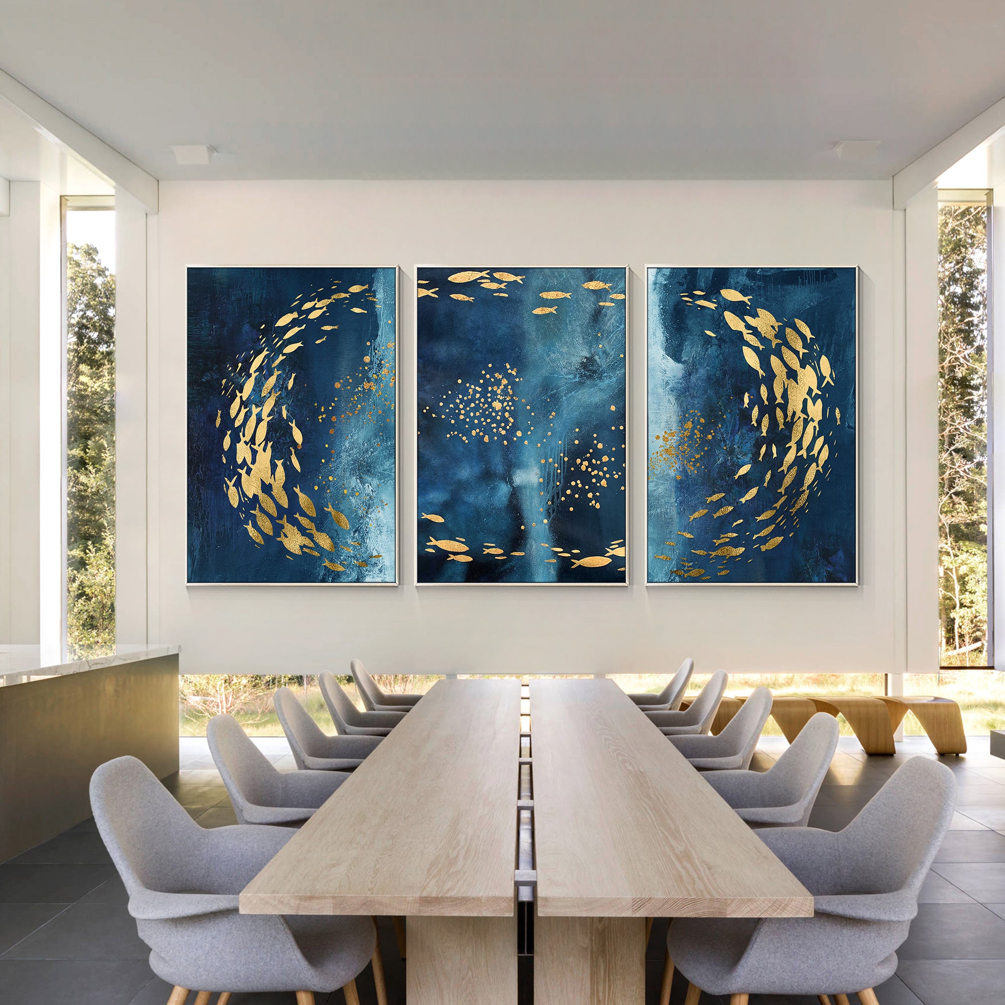 Dreifache Koi Fisch Kunst Marine blau Gold abstrakt gerahmt Wandkunst/Fisch Kunstwerk