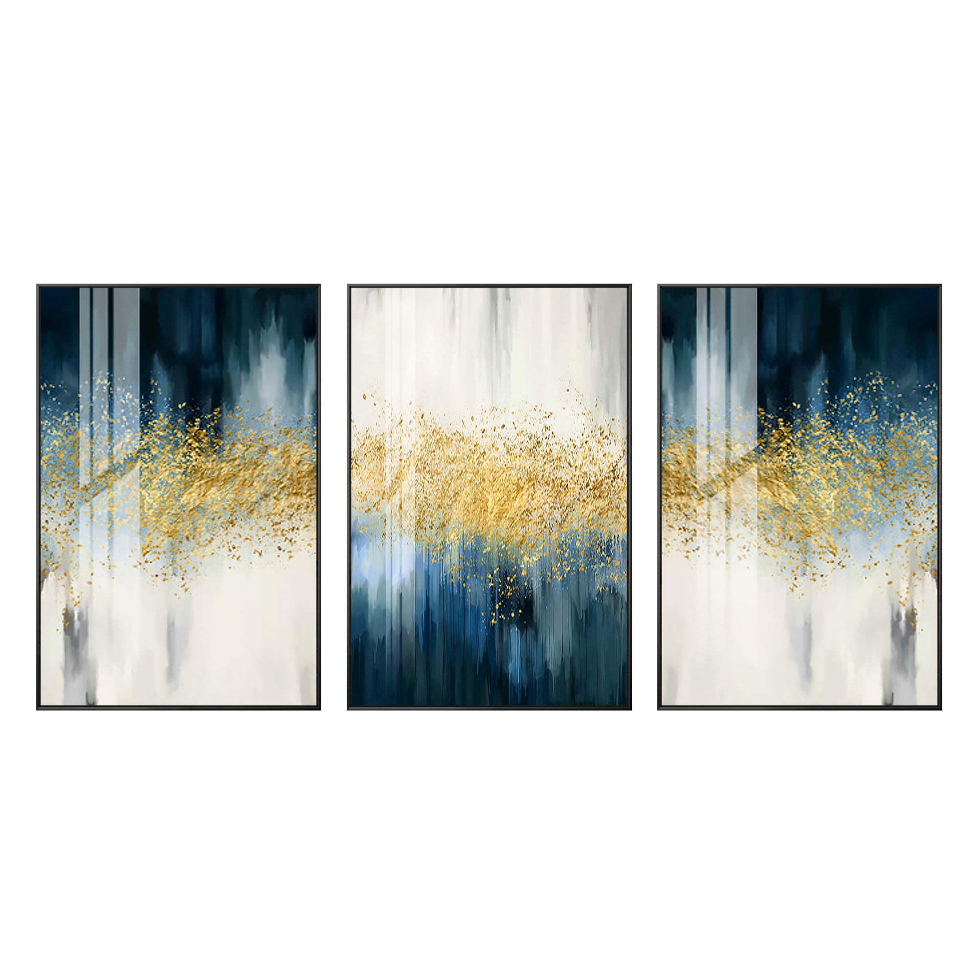 Triptych Navy Blue  Gold Abstract Painting Wall Art