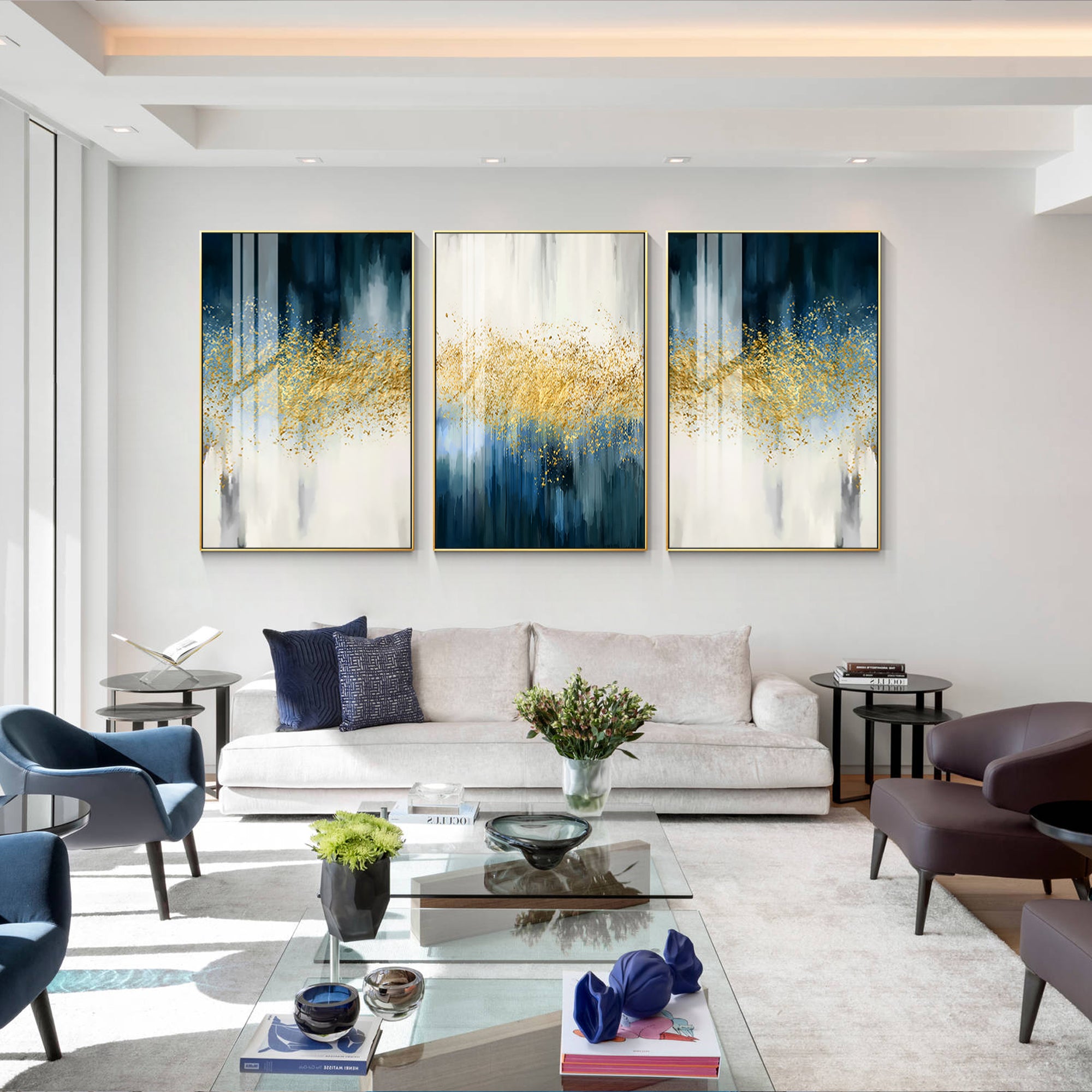 Triptych Navy Blue  Gold Abstract Painting Wall Art