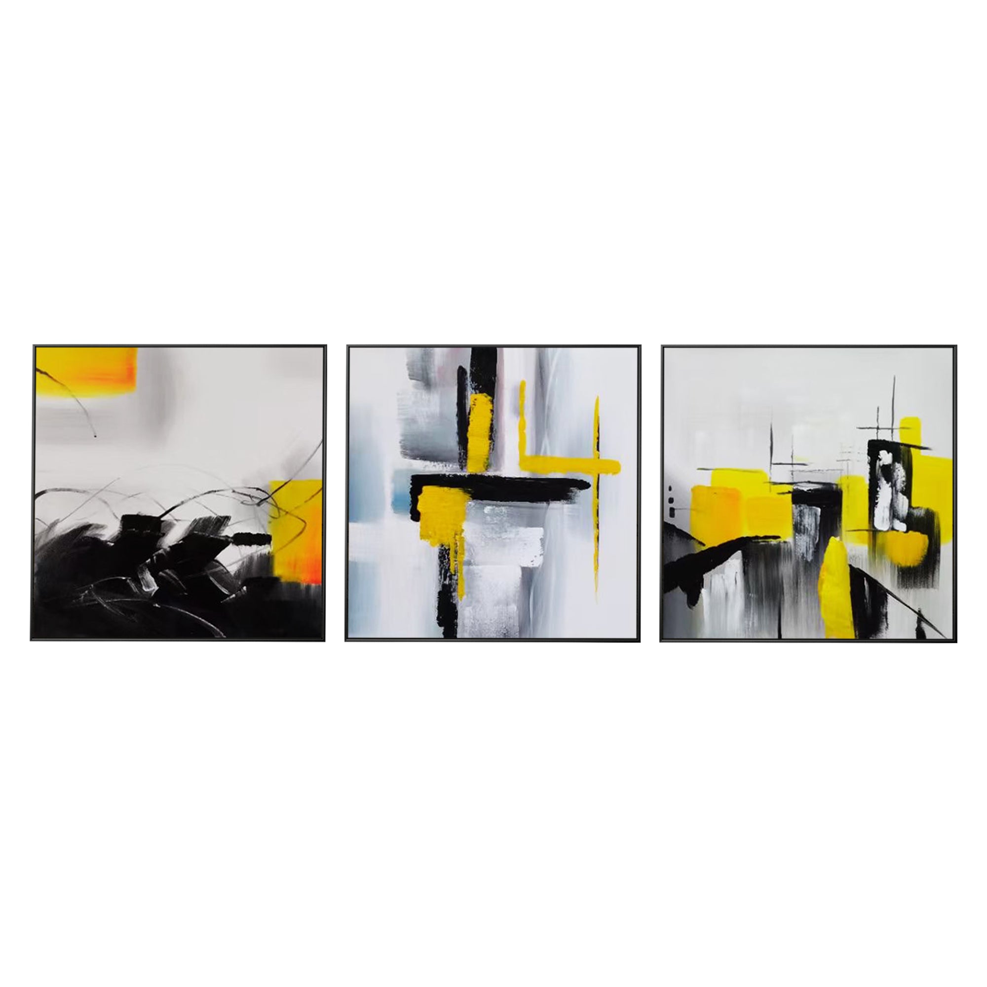 Set of 3 Abstract Black Yellow Wall Art