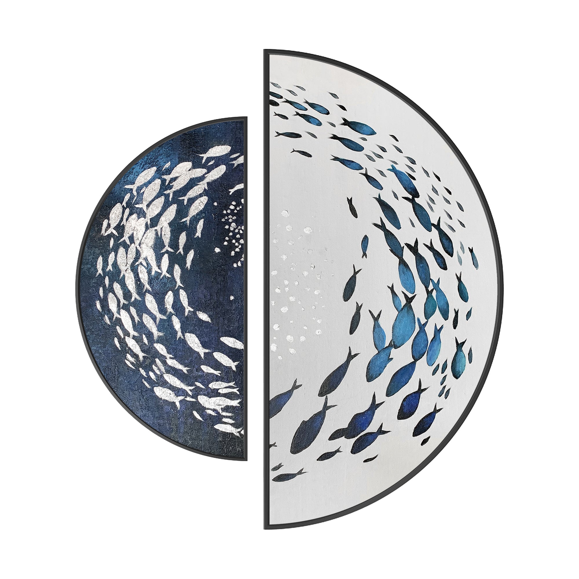 Set of 2 Navy Blue Silver Round Abstract  School Fish Painting Wall Art