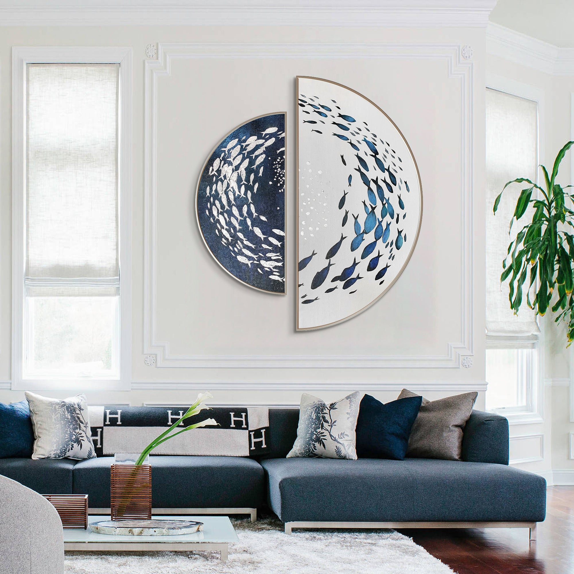 Set of 2 Navy Blue Silver Round Abstract  School Fish Painting Wall Art