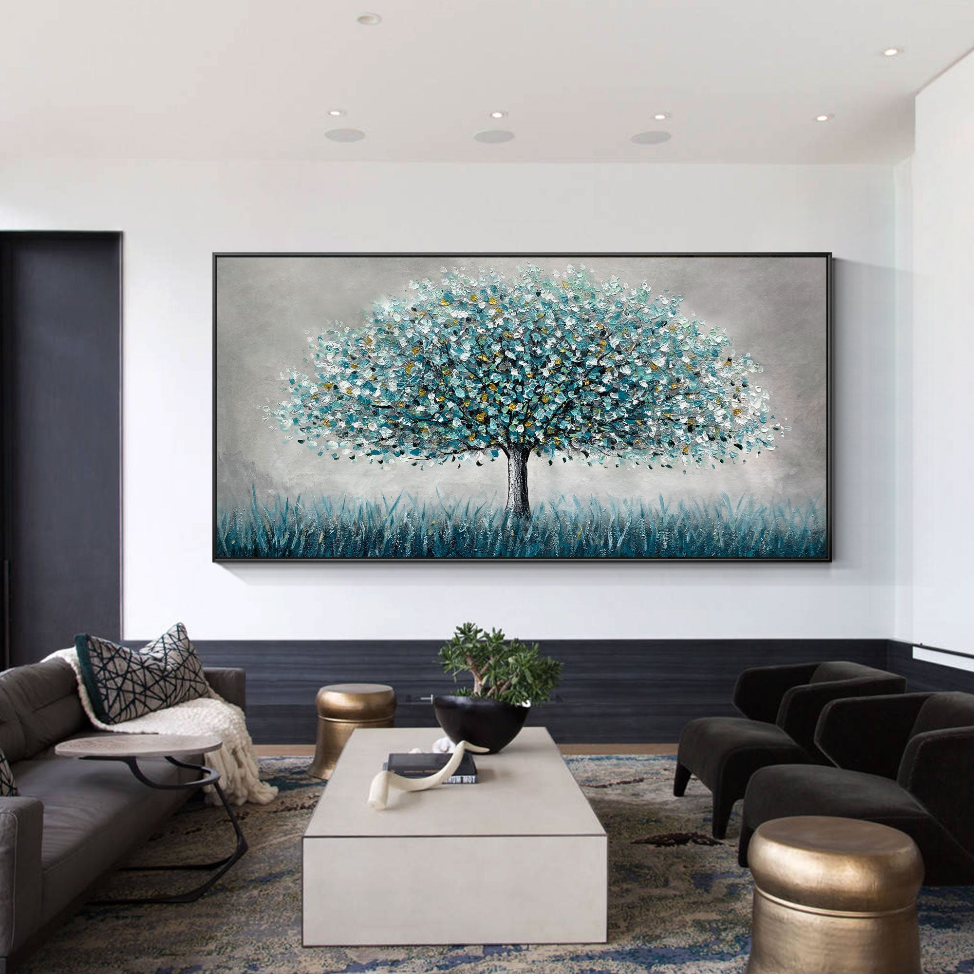 Arte de pared abstracto con árbol floreciente en azul y dorado