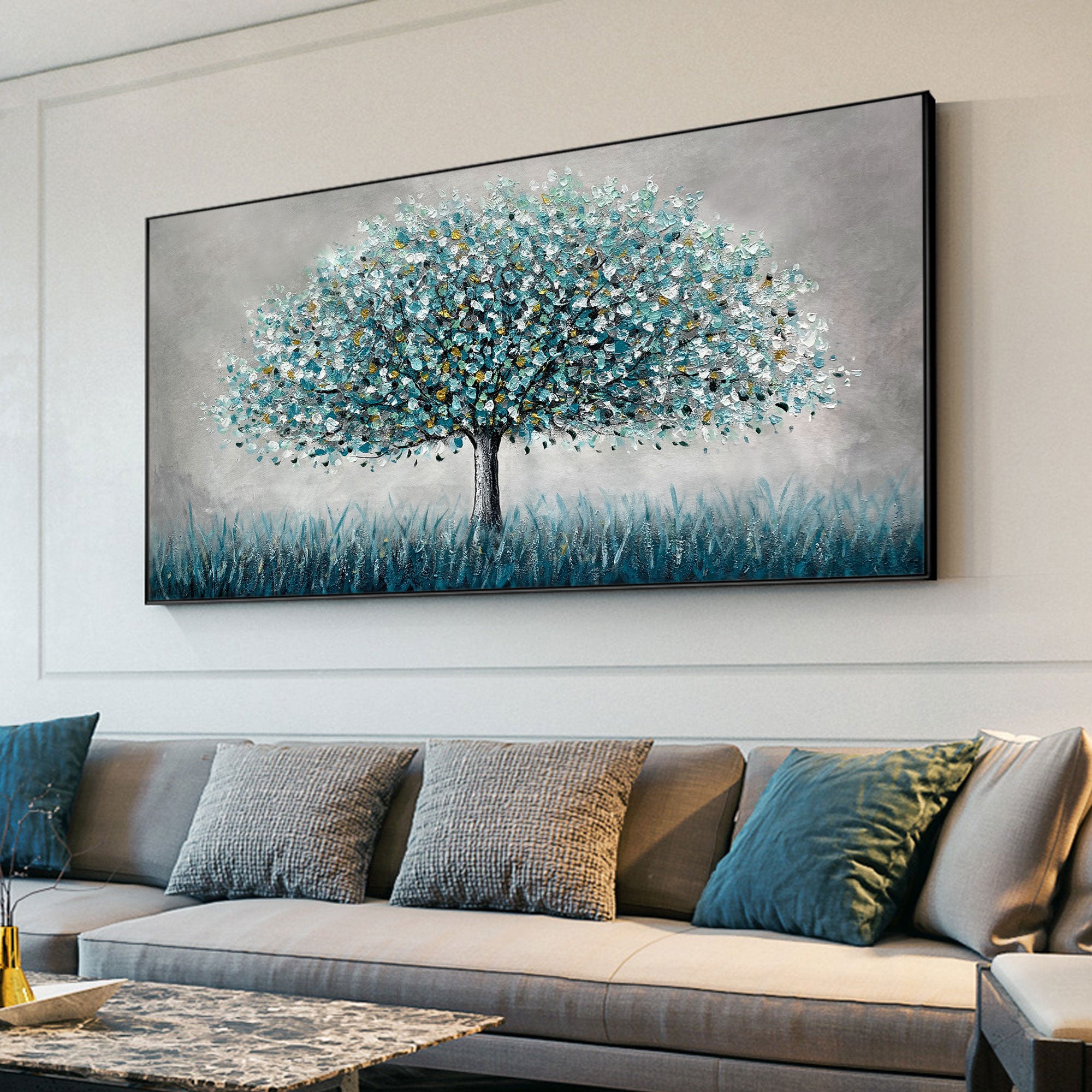 Arte de pared abstracto con árbol floreciente en azul y dorado