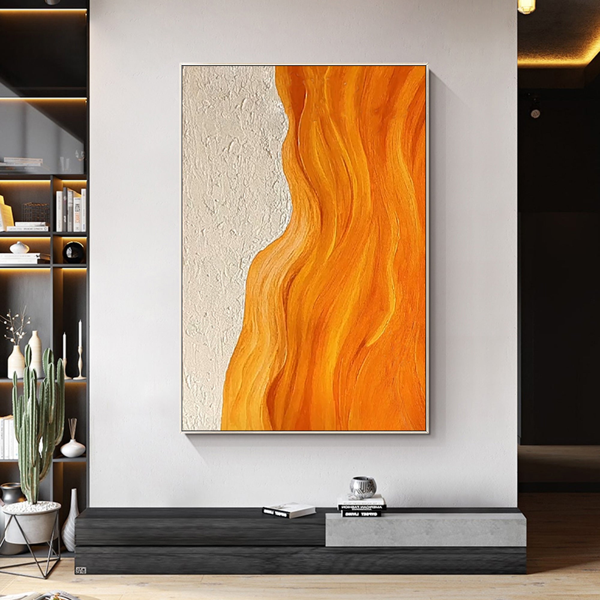 Pintura de playa con arte abstracto de pared con textura naranja y océano