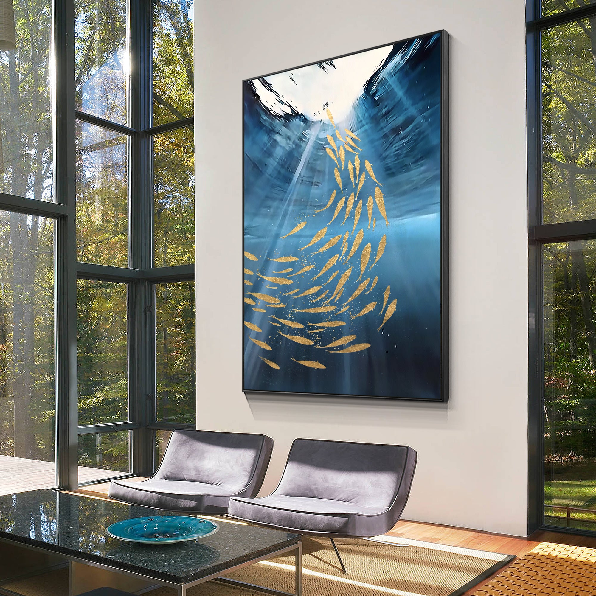 Wandkunst „Fischschwarm“, abstrakt, Marineblau und Gold