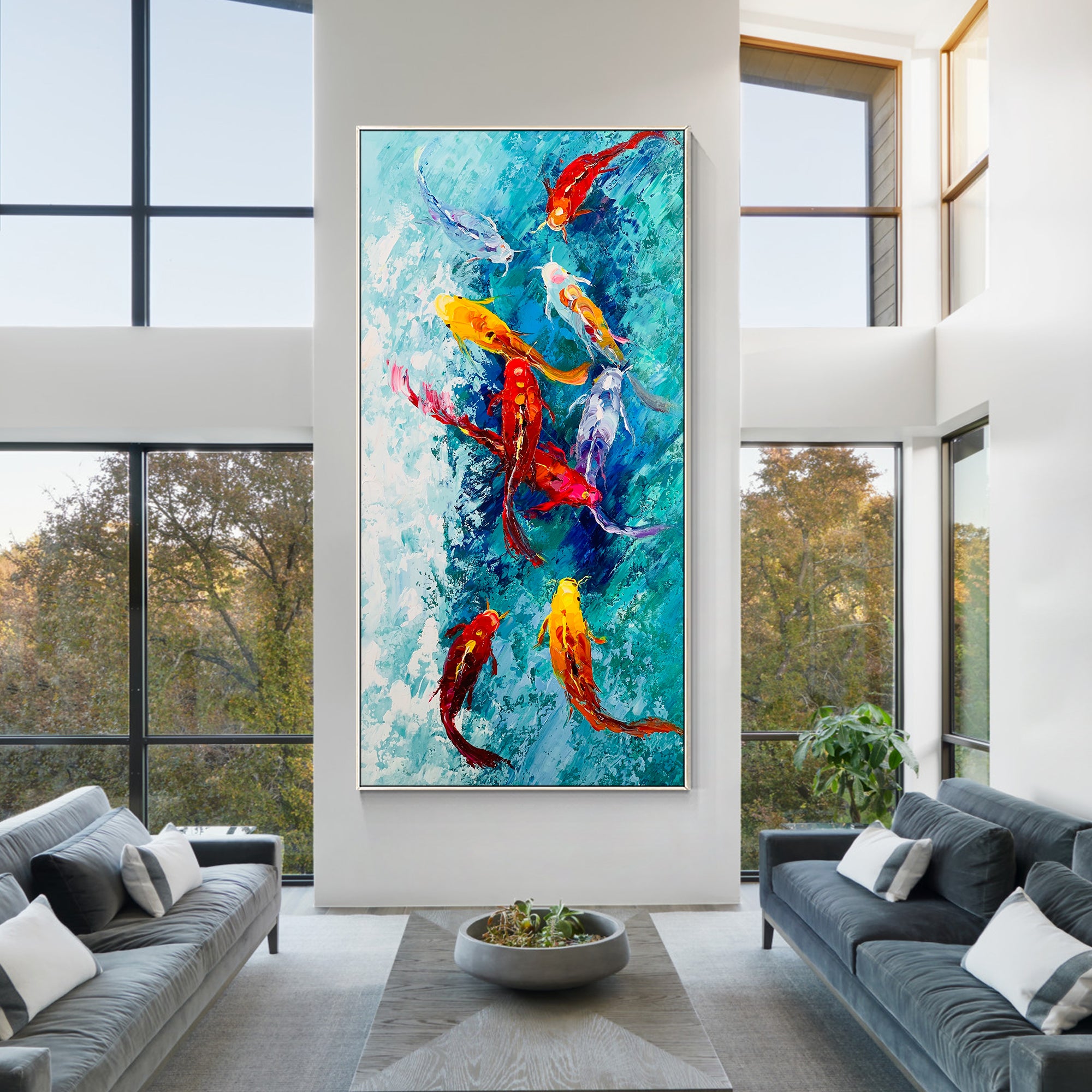 9 Koi Fish Textured Painting Long Vertical Art