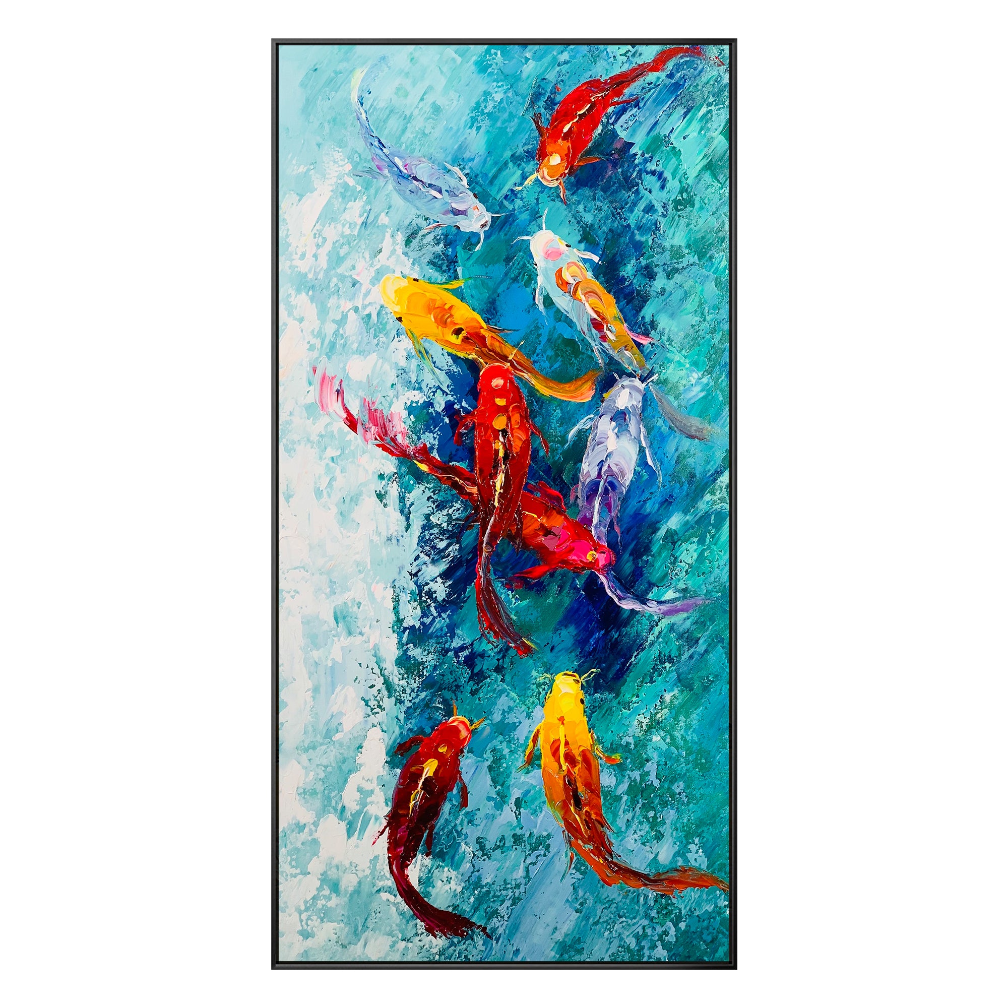 9 Koi Fish Textured Painting Long Vertical Art