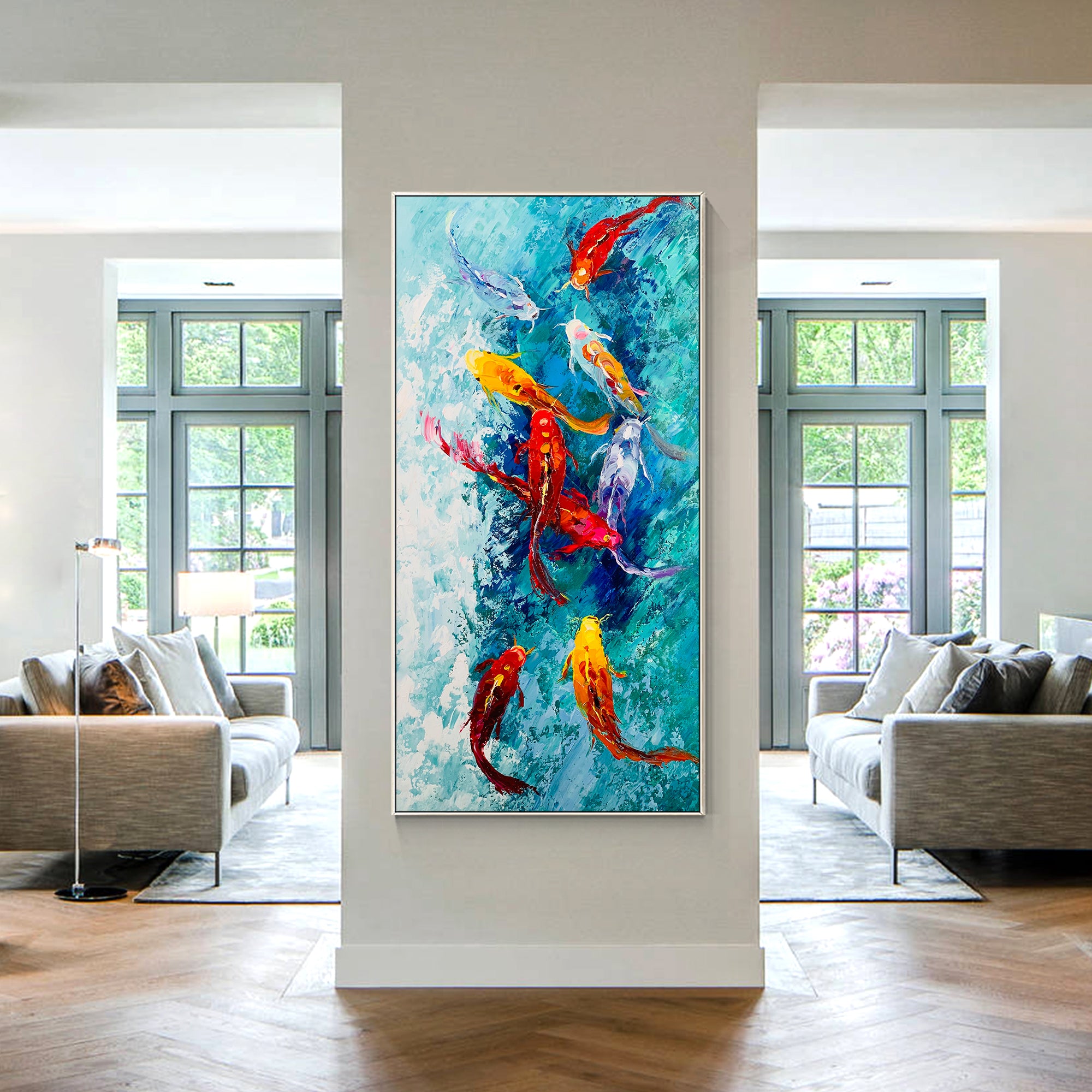 9 Koi Fish Textured Painting Long Vertical Art