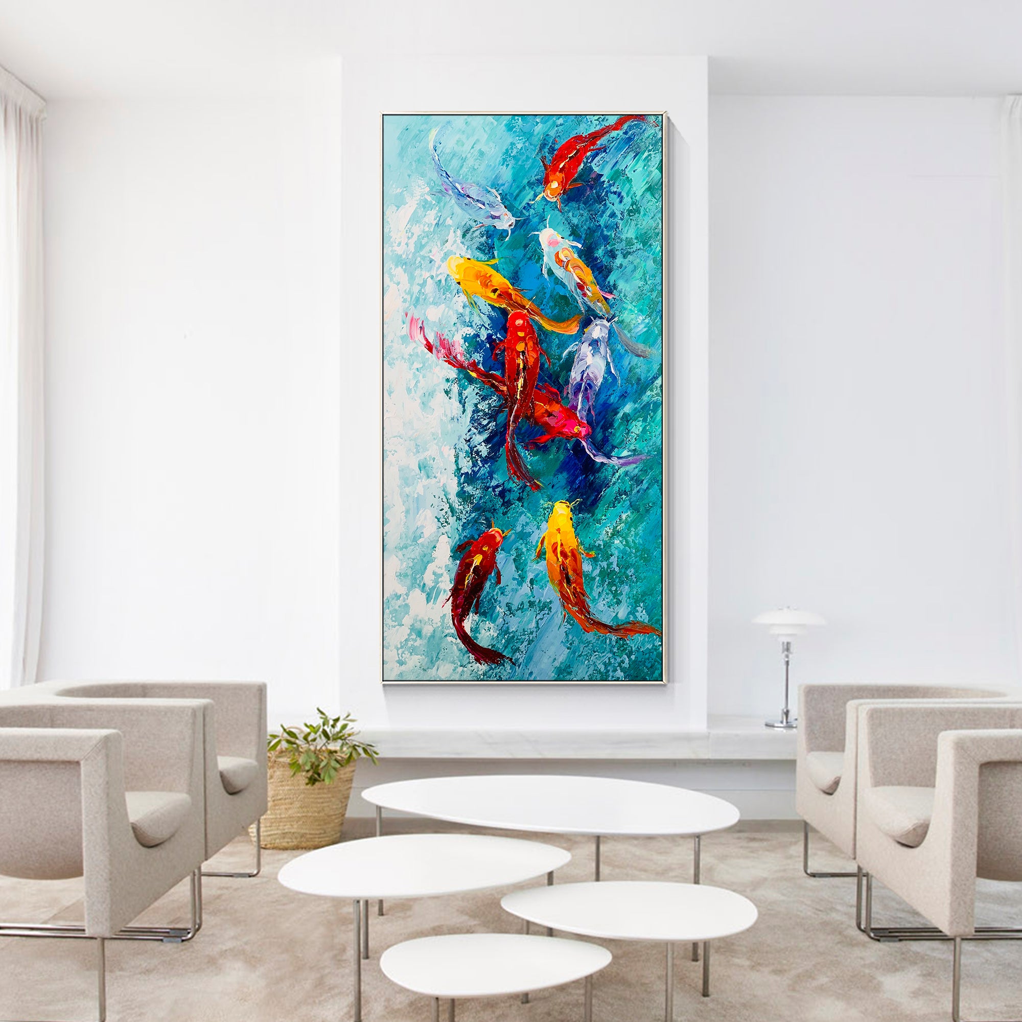 9 Koi Fish Textured Painting Long Vertical Art