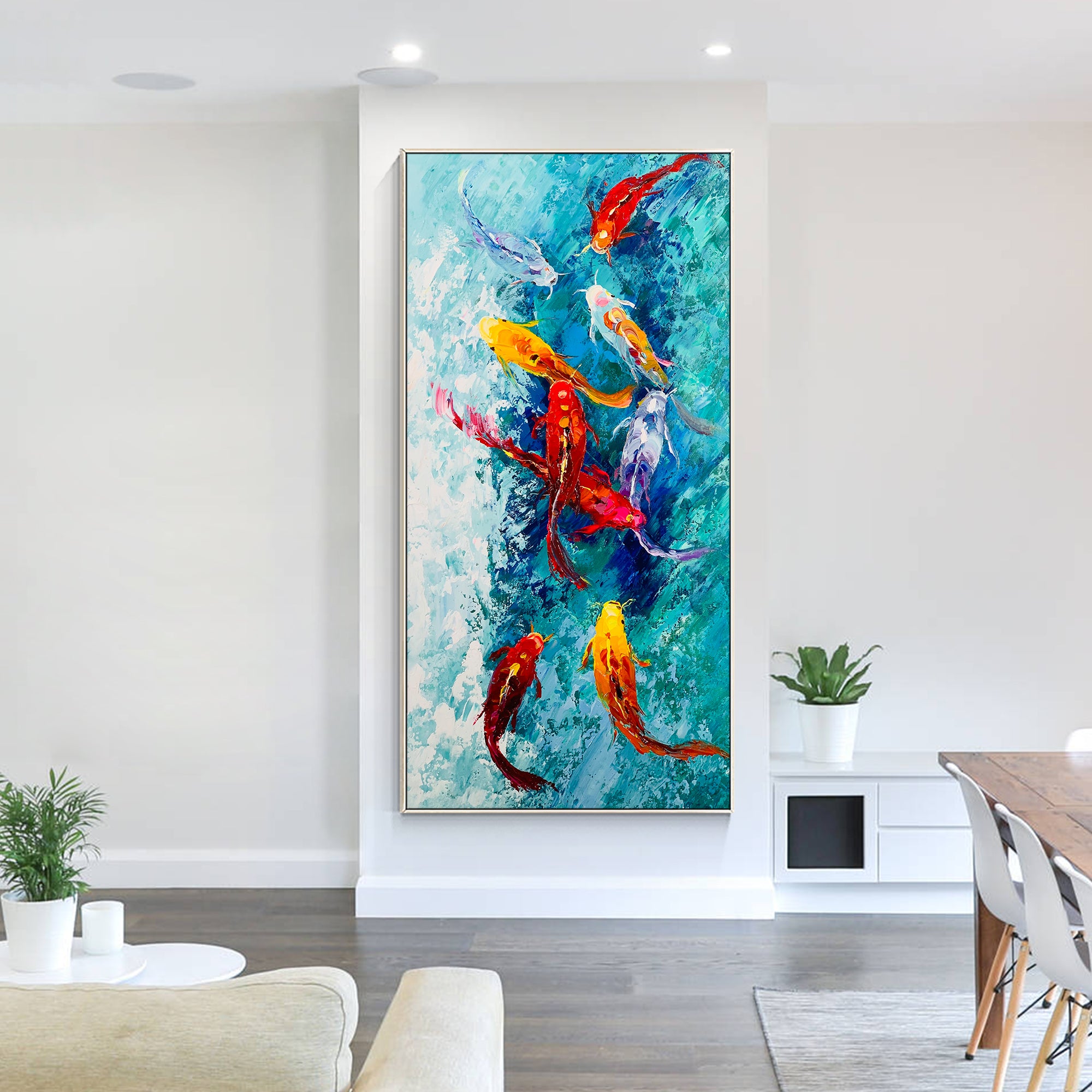 9 Koi Fish Textured Painting Long Vertical Art