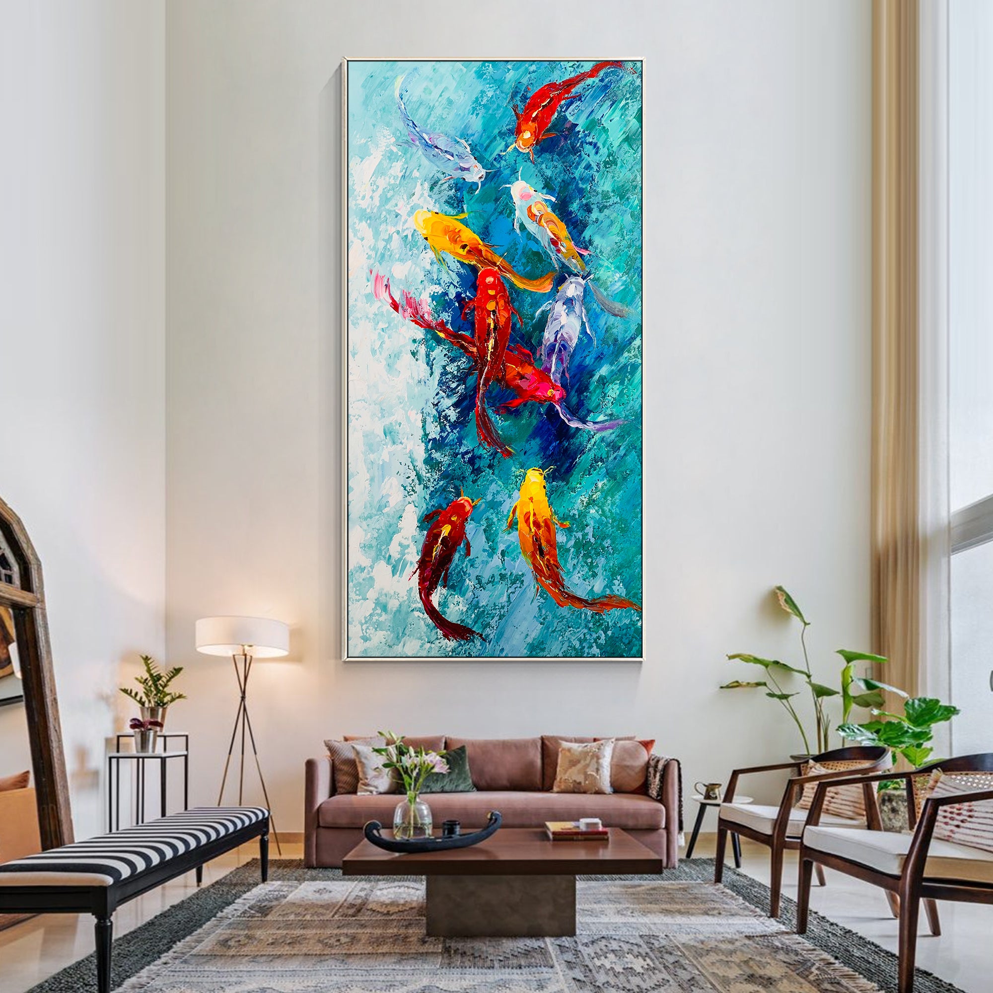 9 Koi Fish Textured Painting Long Vertical Art