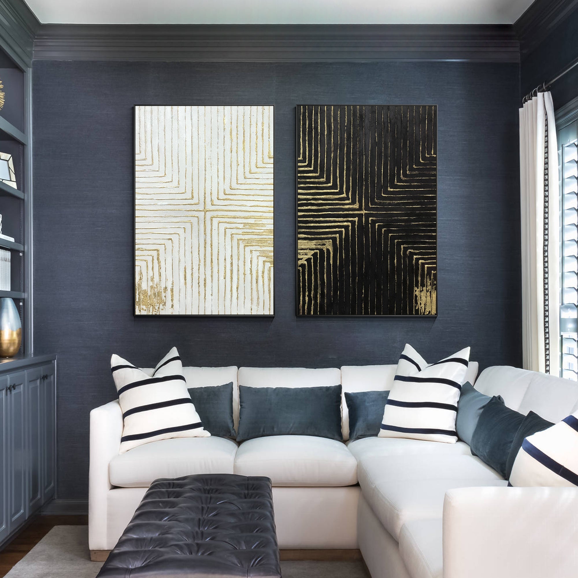 Set of 2 Black And White Gold Textured Painting