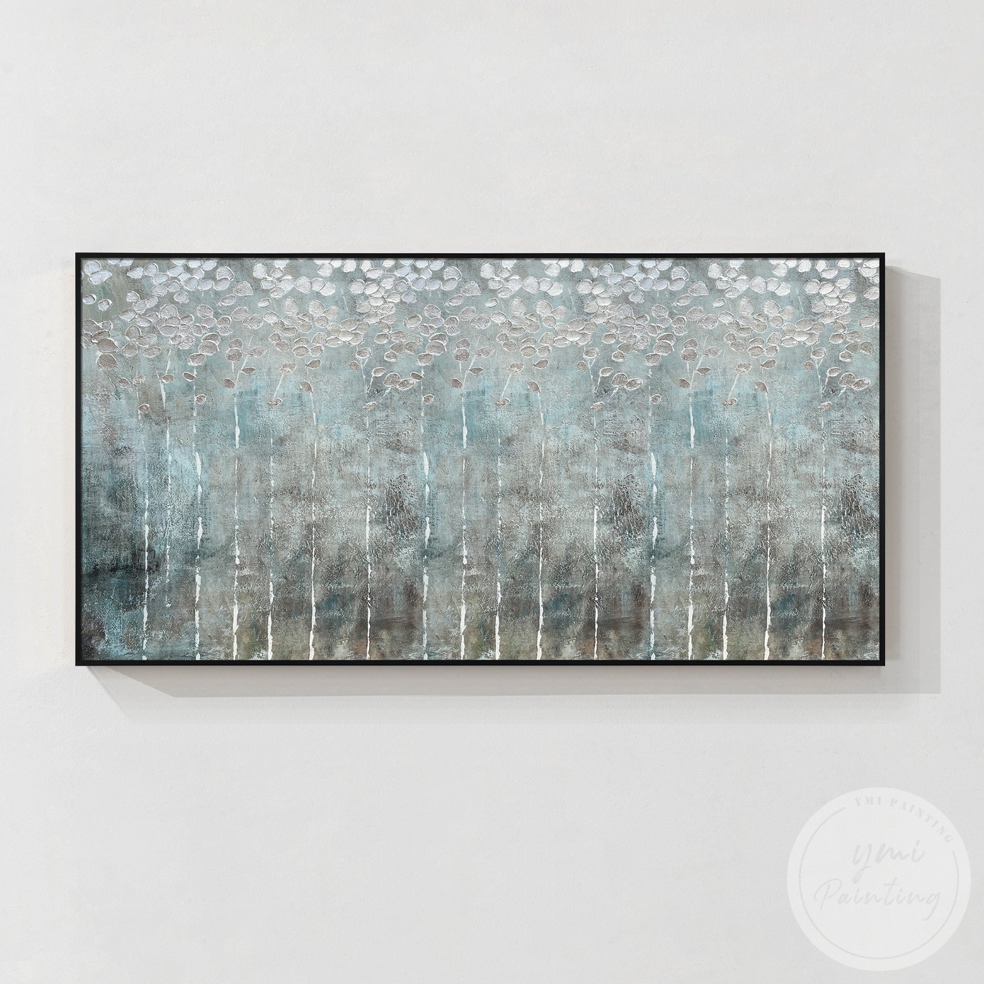 Abstract Forest Art with Birch Trees And Silver Foil Leaves