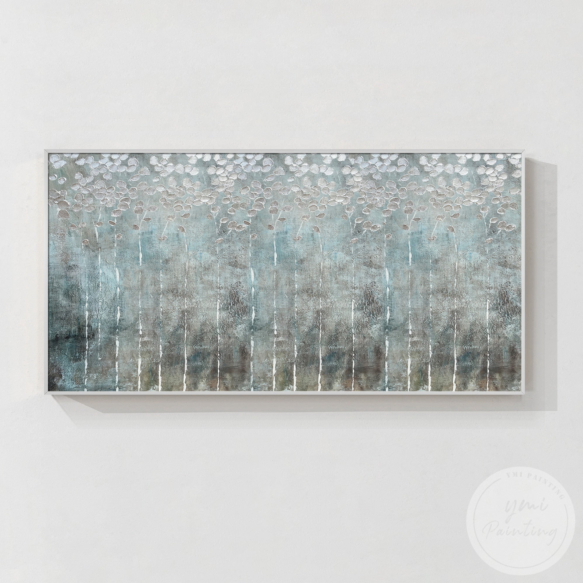 Abstract Forest Art with Birch Trees And Silver Foil Leaves