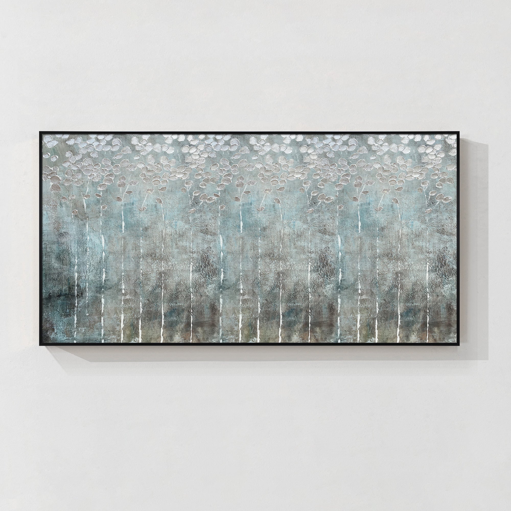Arte de pared abstracto con textura en tonos plata, azul y gris