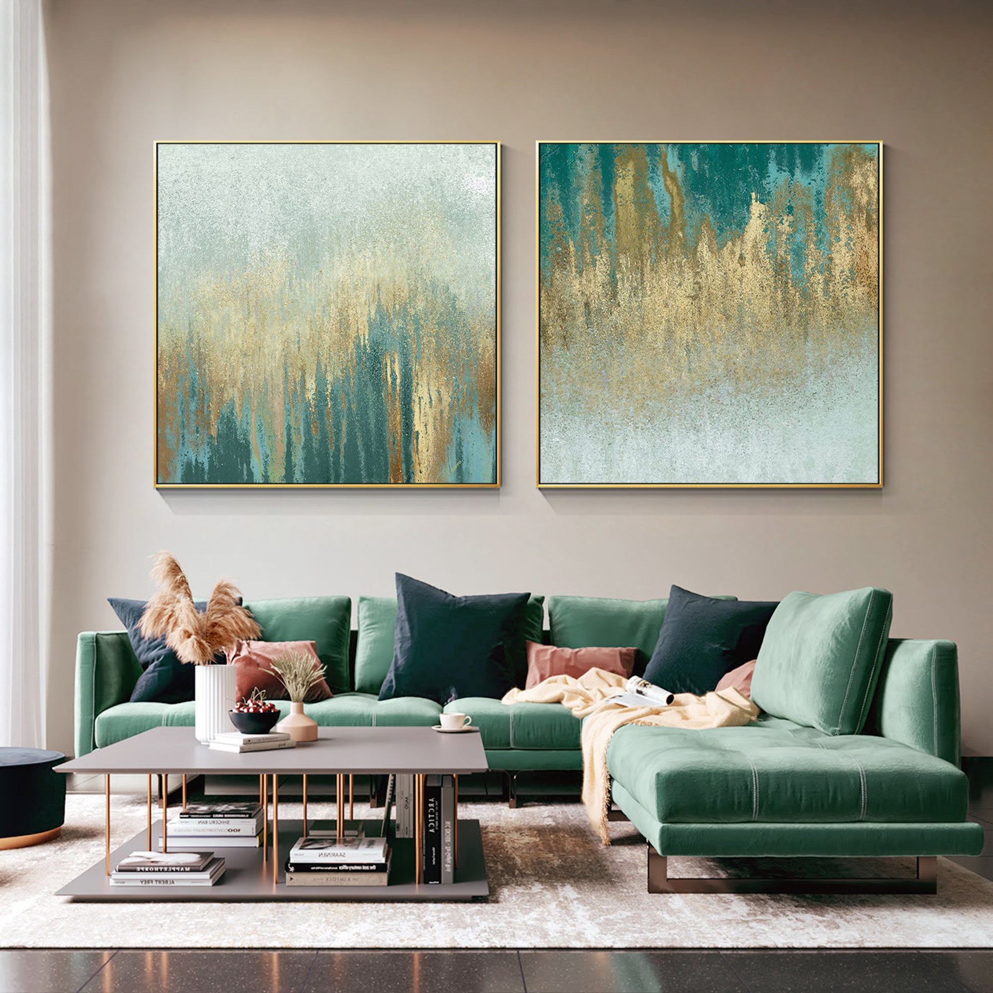 Set of 2 Abstract Teal and Gold wall art