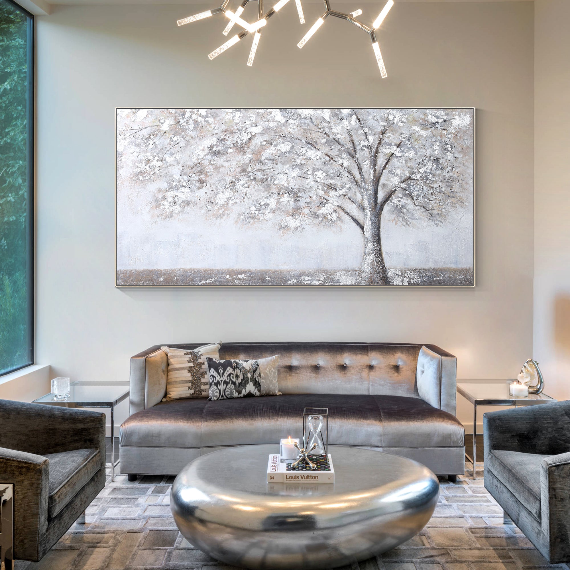 Blossom tree wall art sliver and gray