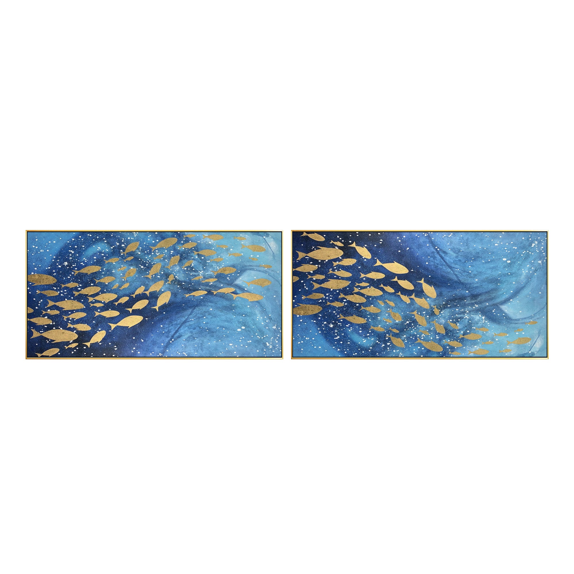 Conjunto de 2 cuadros abstractos de peces azules y dorados