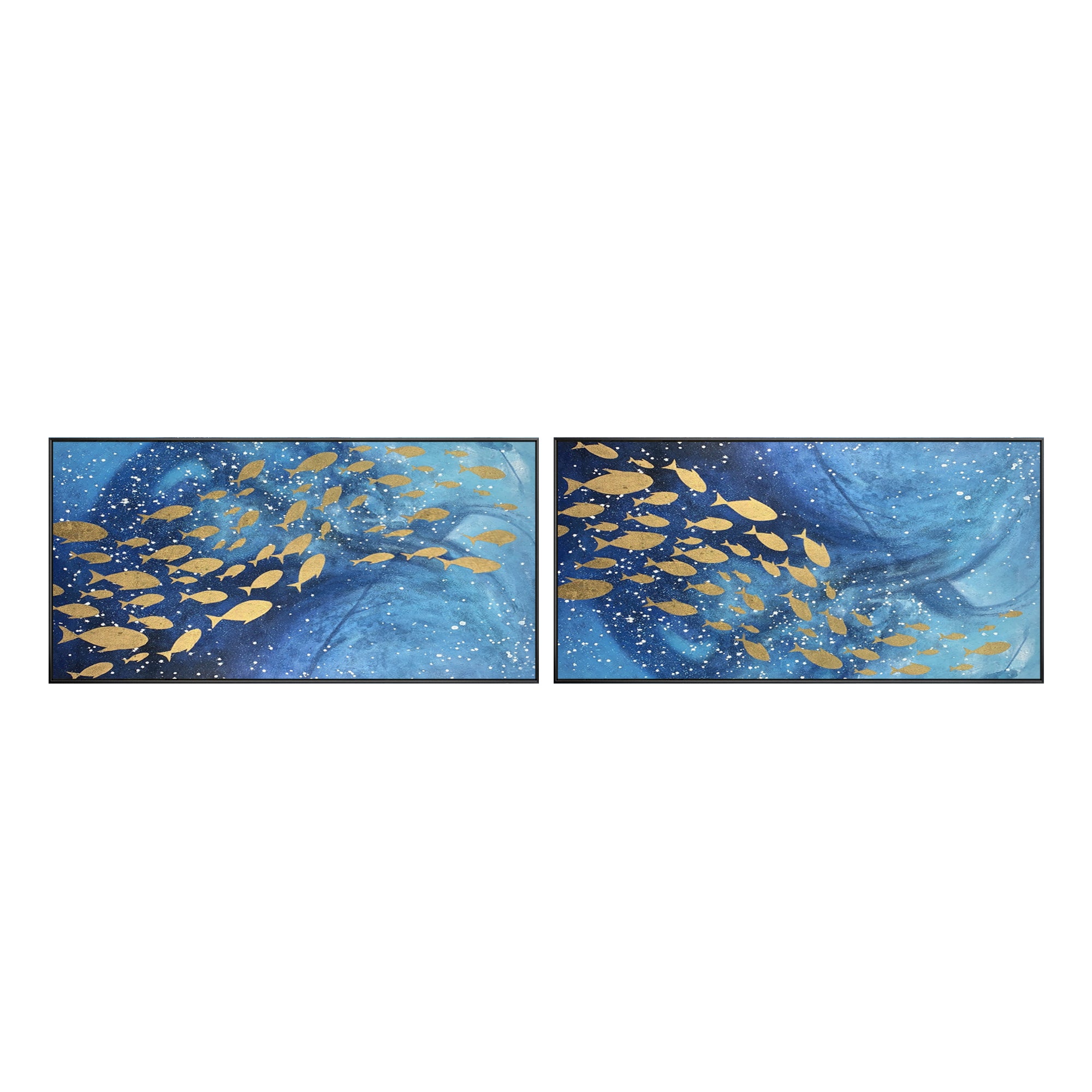 Set of 2 Abstract Blue and Gold  fish wall art