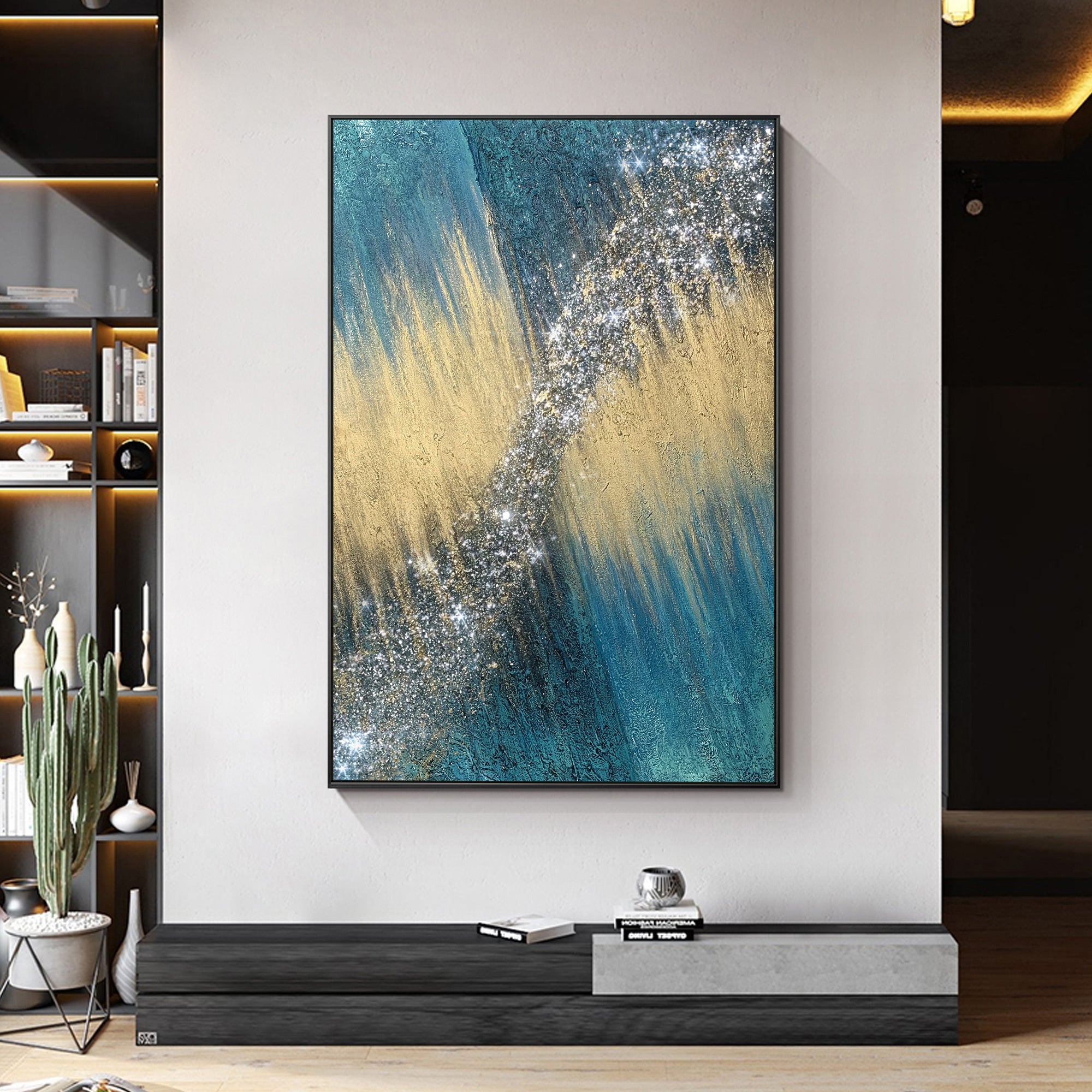 Turquoise gold glitter wall art