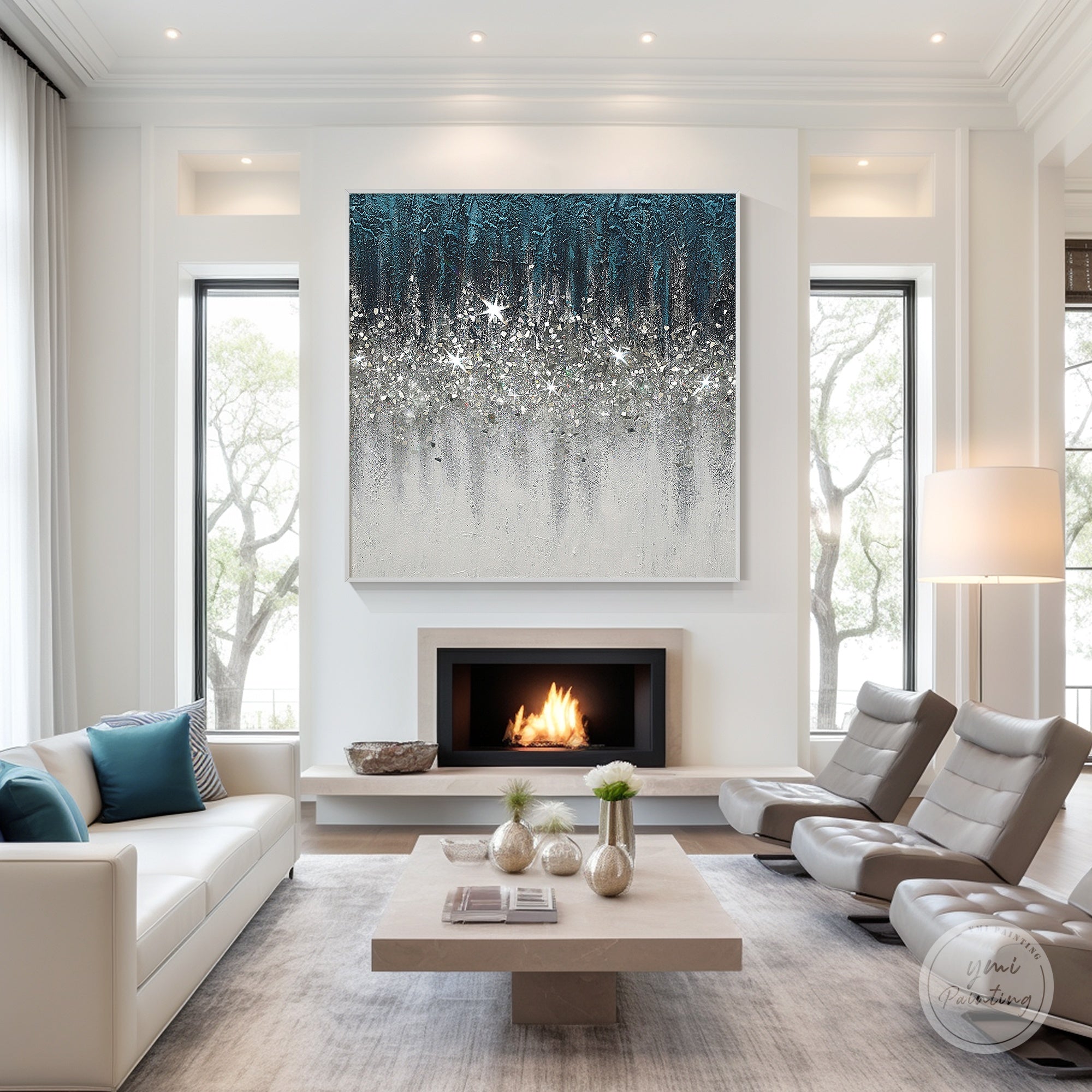 Abstract Turquoise Crushed Glass Wall Art with Silver Glitter Gradient