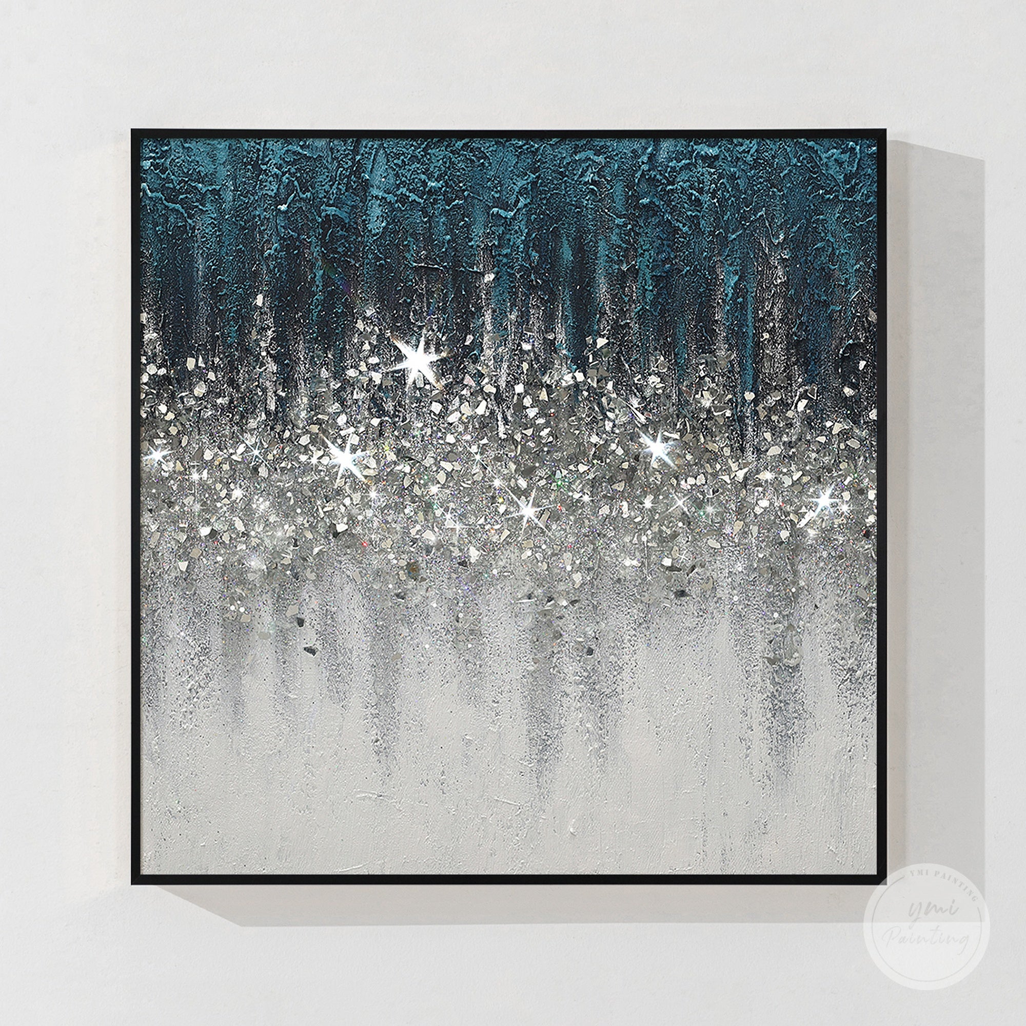Abstract Turquoise Crushed Glass Wall Art with Silver Glitter Gradient