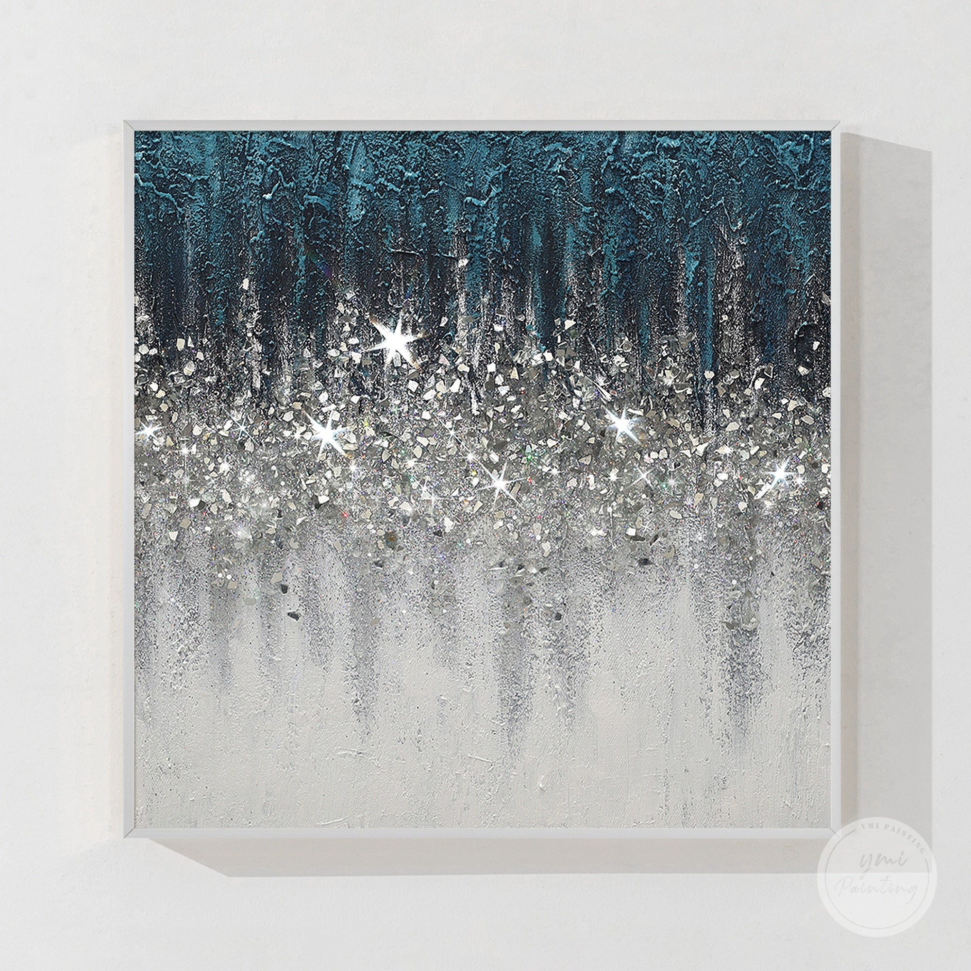 Abstract Turquoise Crushed Glass Wall Art with Silver Glitter Gradient