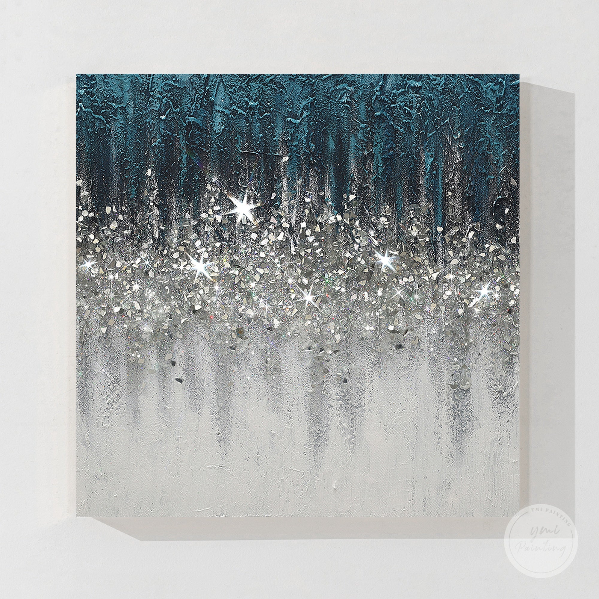 Abstract Turquoise Crushed Glass Wall Art with Silver Glitter Gradient