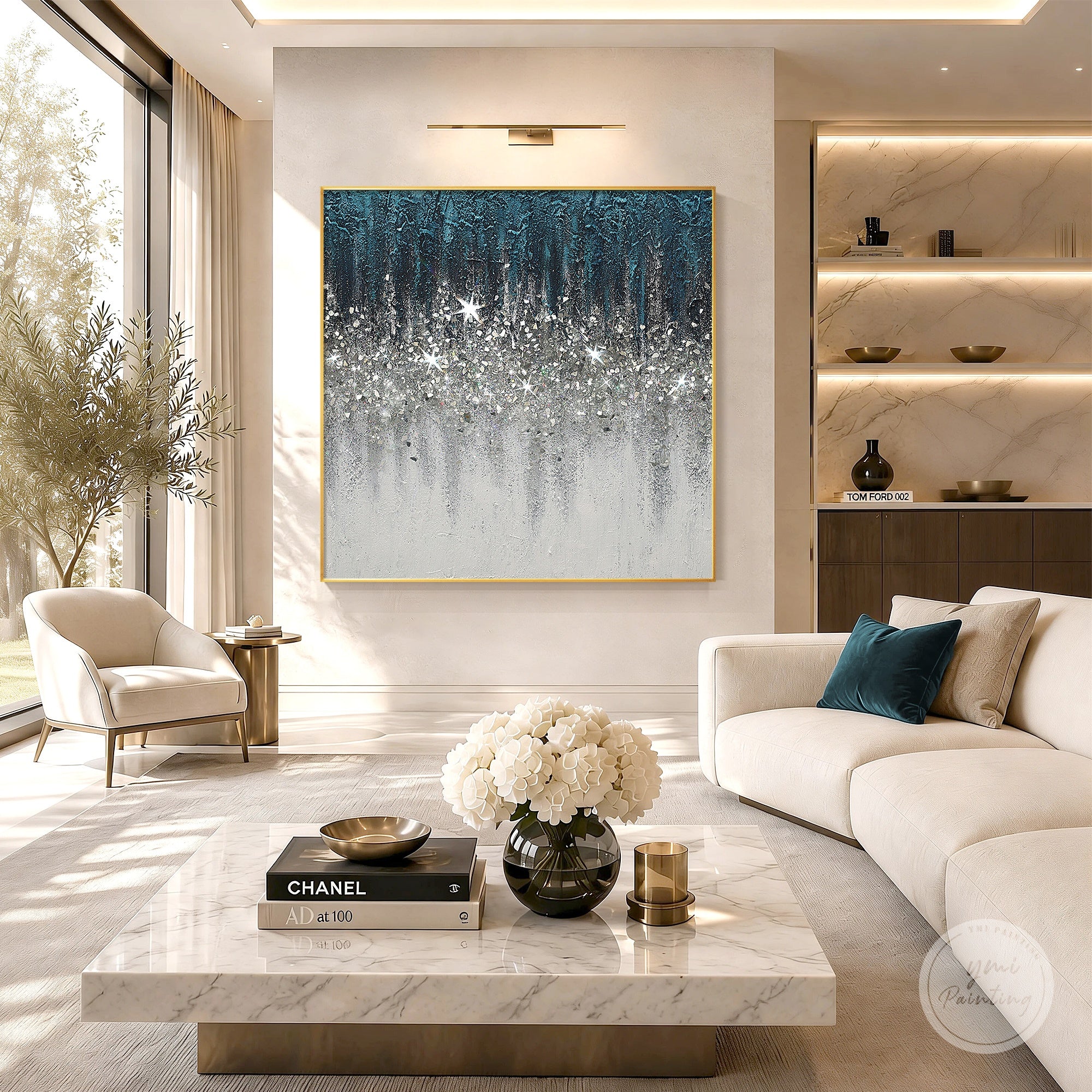 Abstract Turquoise Crushed Glass Wall Art with Silver Glitter Gradient