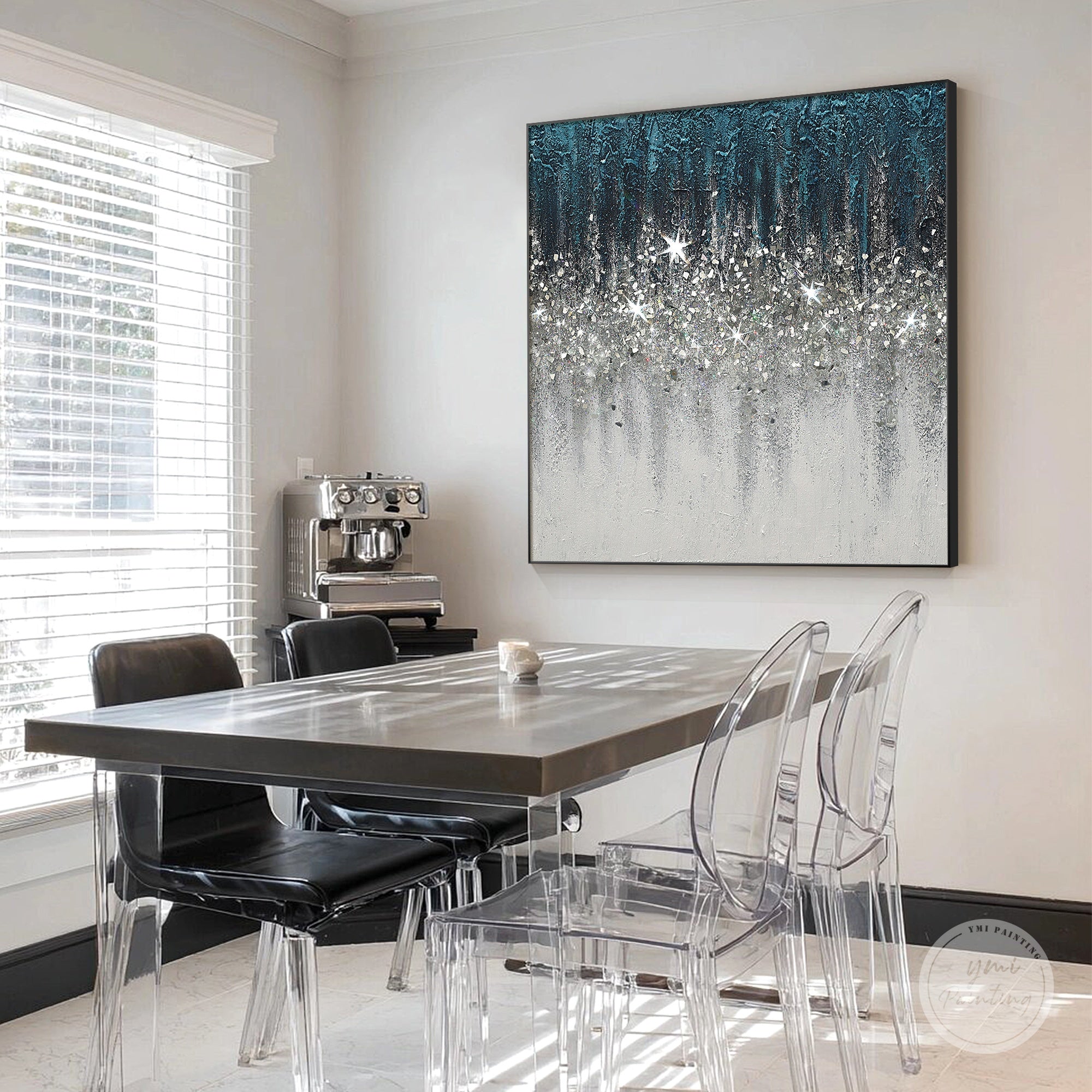 Abstract Turquoise Crushed Glass Wall Art with Silver Glitter Gradient