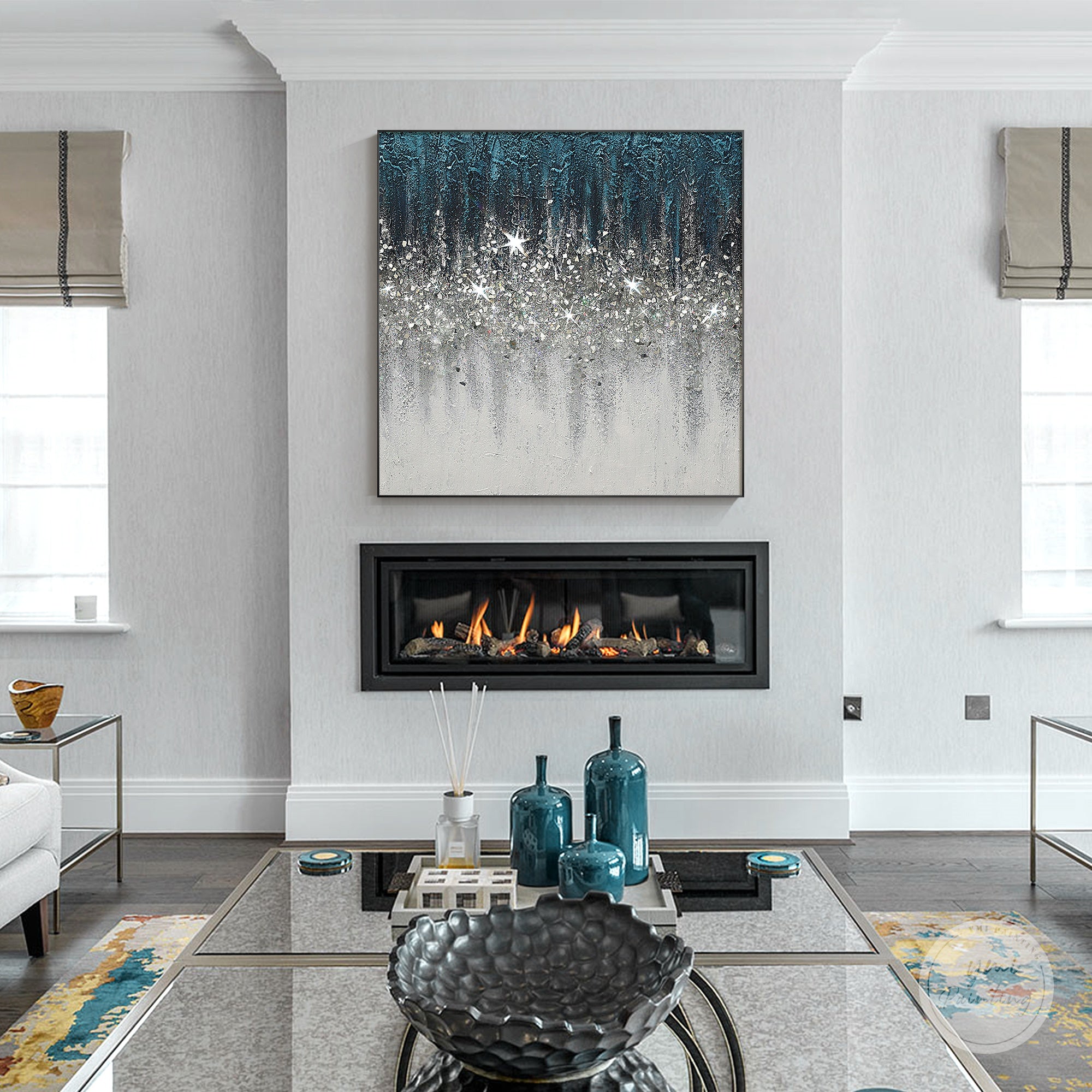 Abstract Turquoise Crushed Glass Wall Art with Silver Glitter Gradient