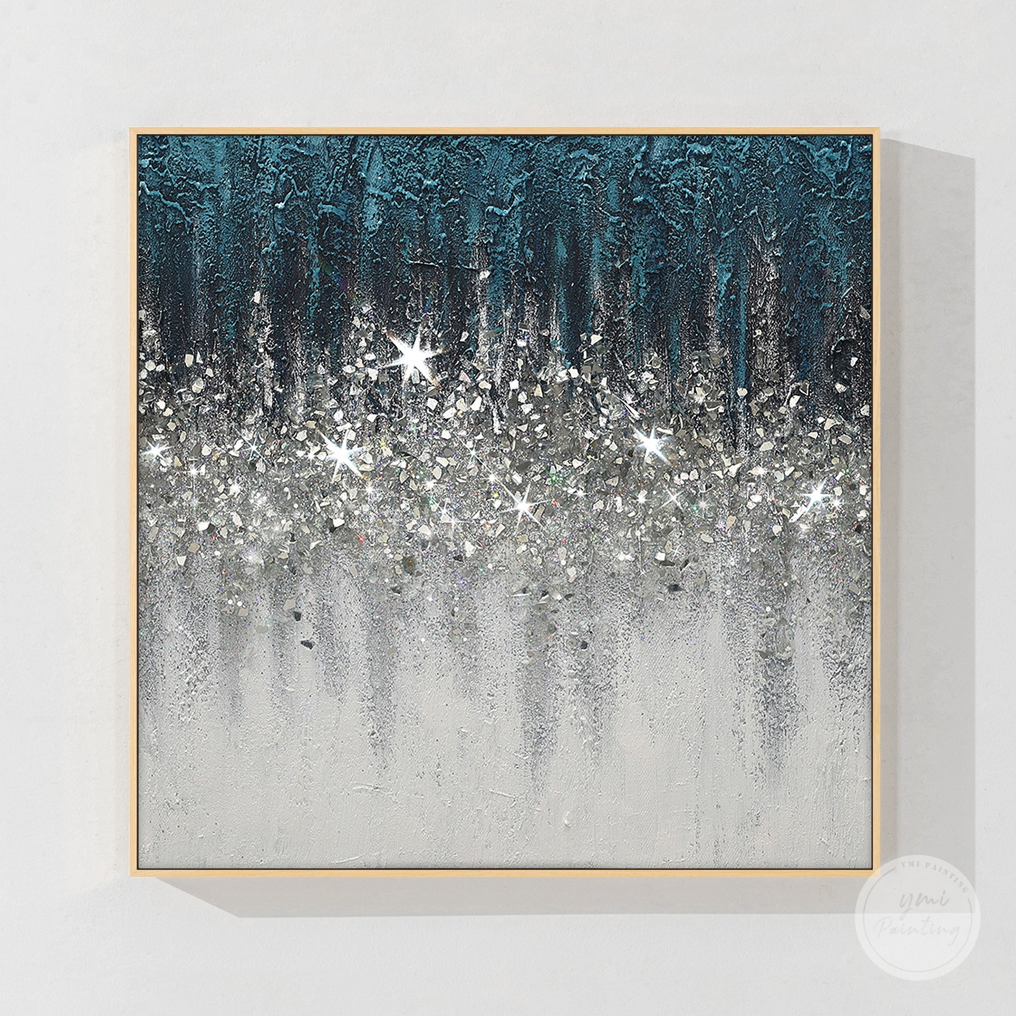 Abstract Turquoise Crushed Glass Wall Art with Silver Glitter Gradient