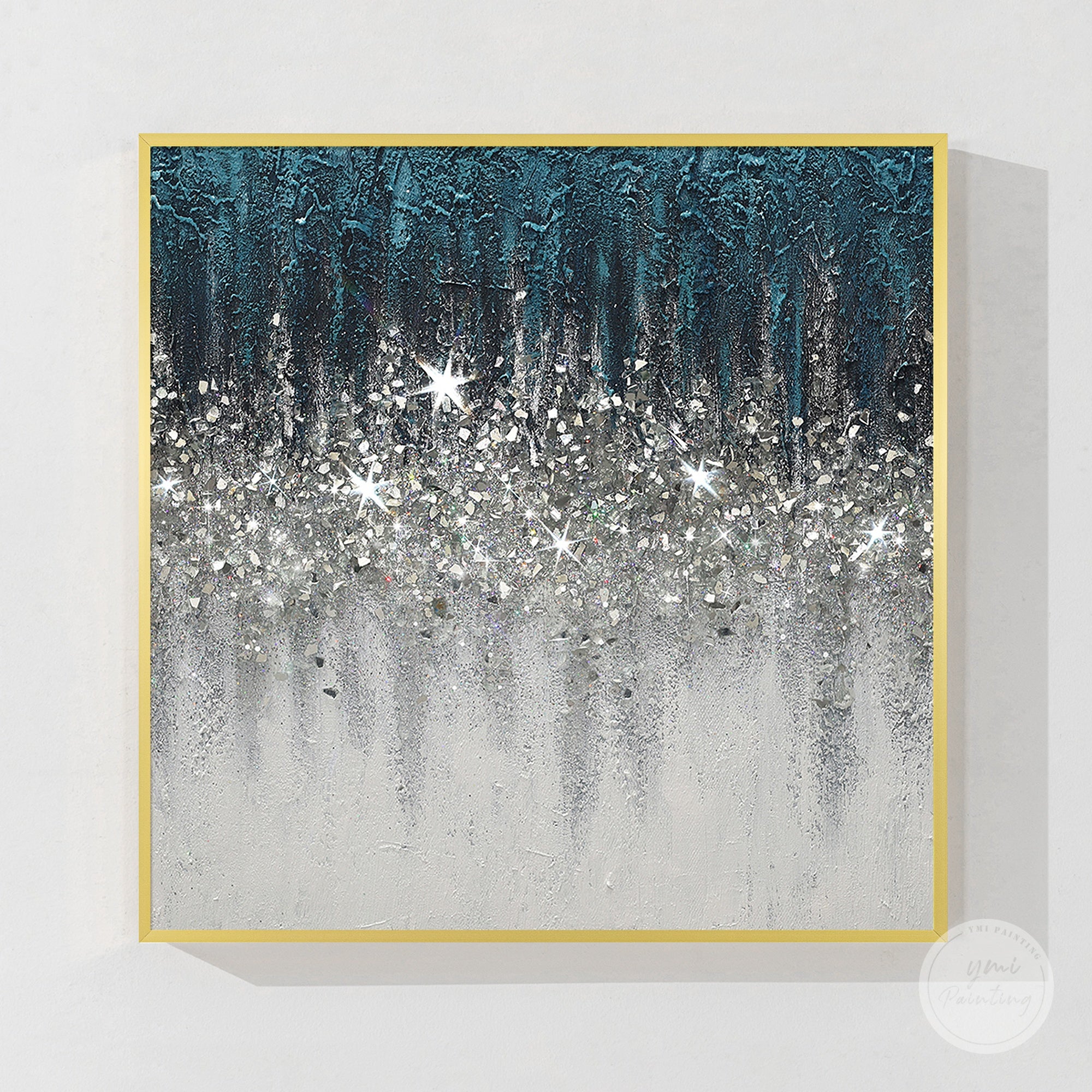Abstract Turquoise Crushed Glass Wall Art with Silver Glitter Gradient