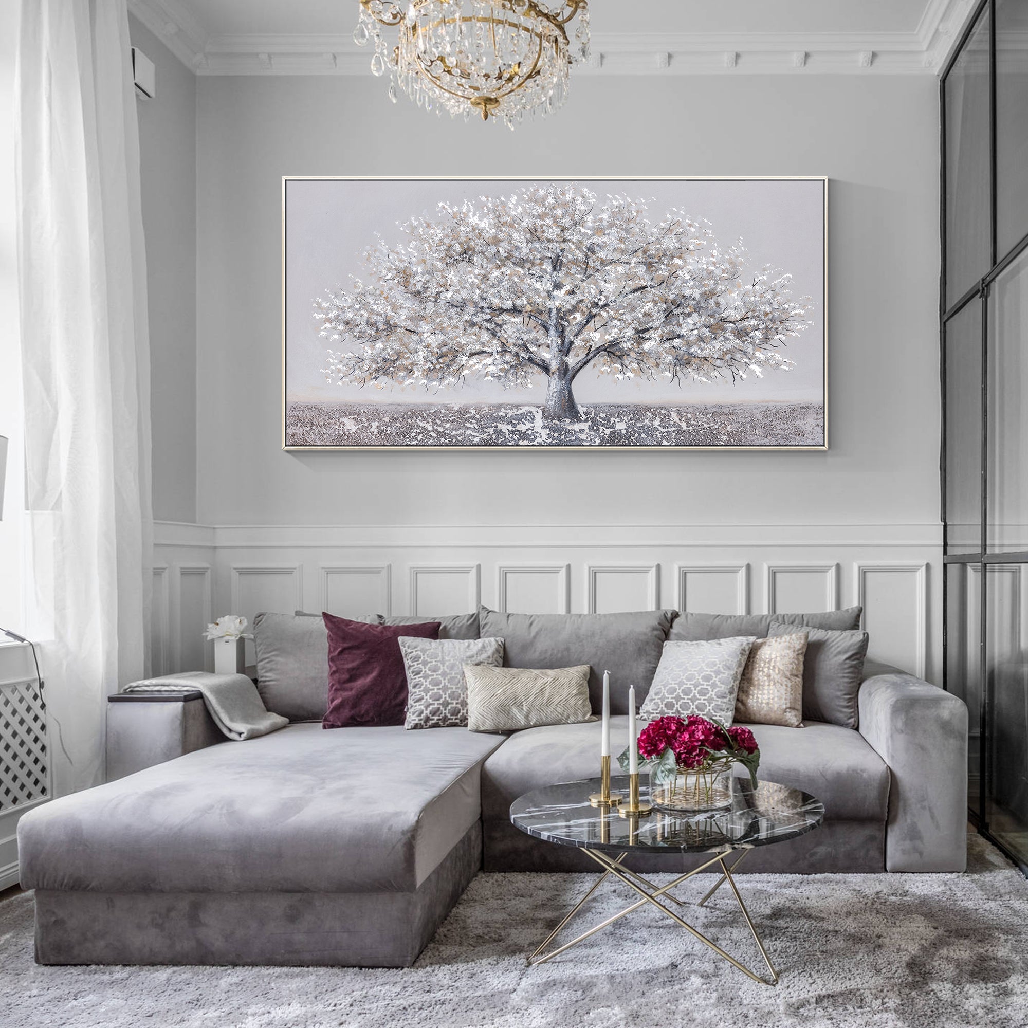 Blossom tree wall art sliver and gray