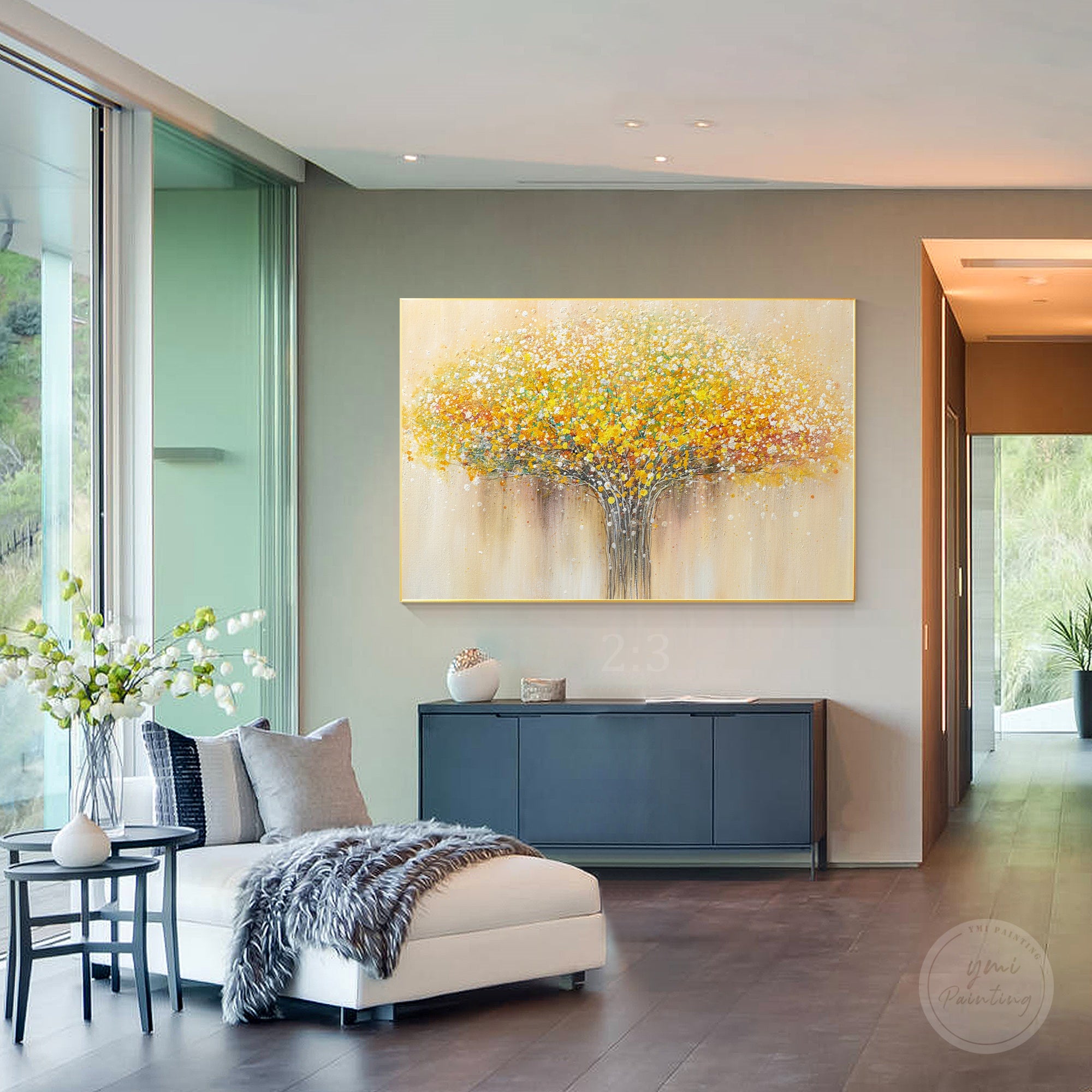 Decorative flower painting with textured details and vibrant floral elements, perfect for contemporary interiors