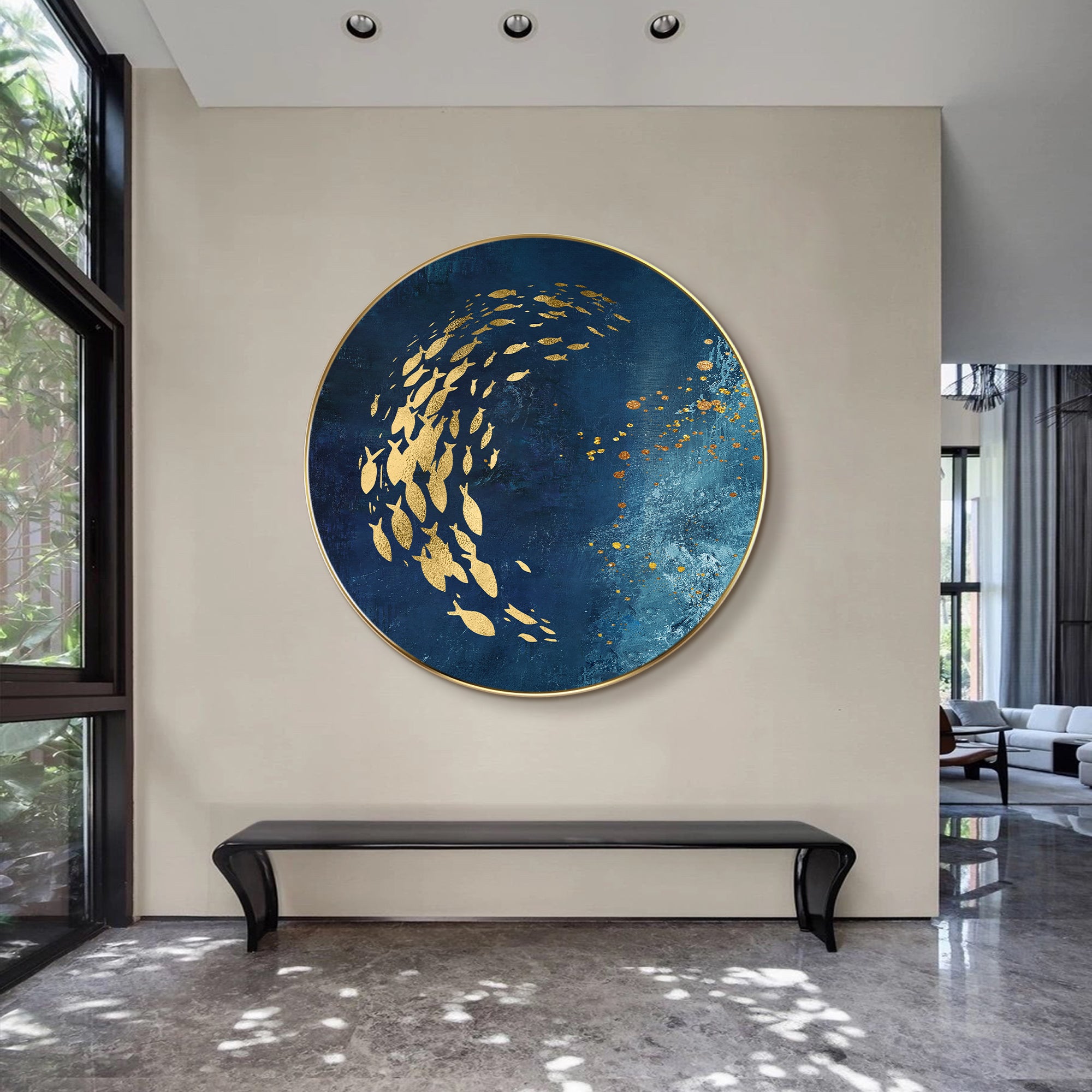 Navy blue abstract fish round framed art