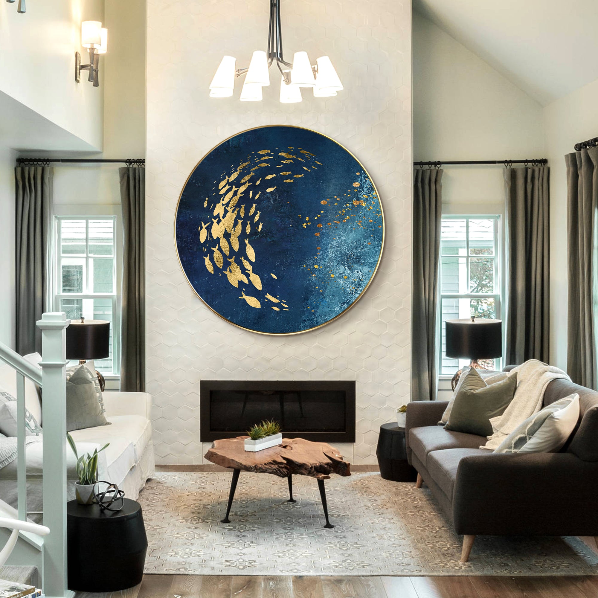 Navy blue abstract fish round framed art