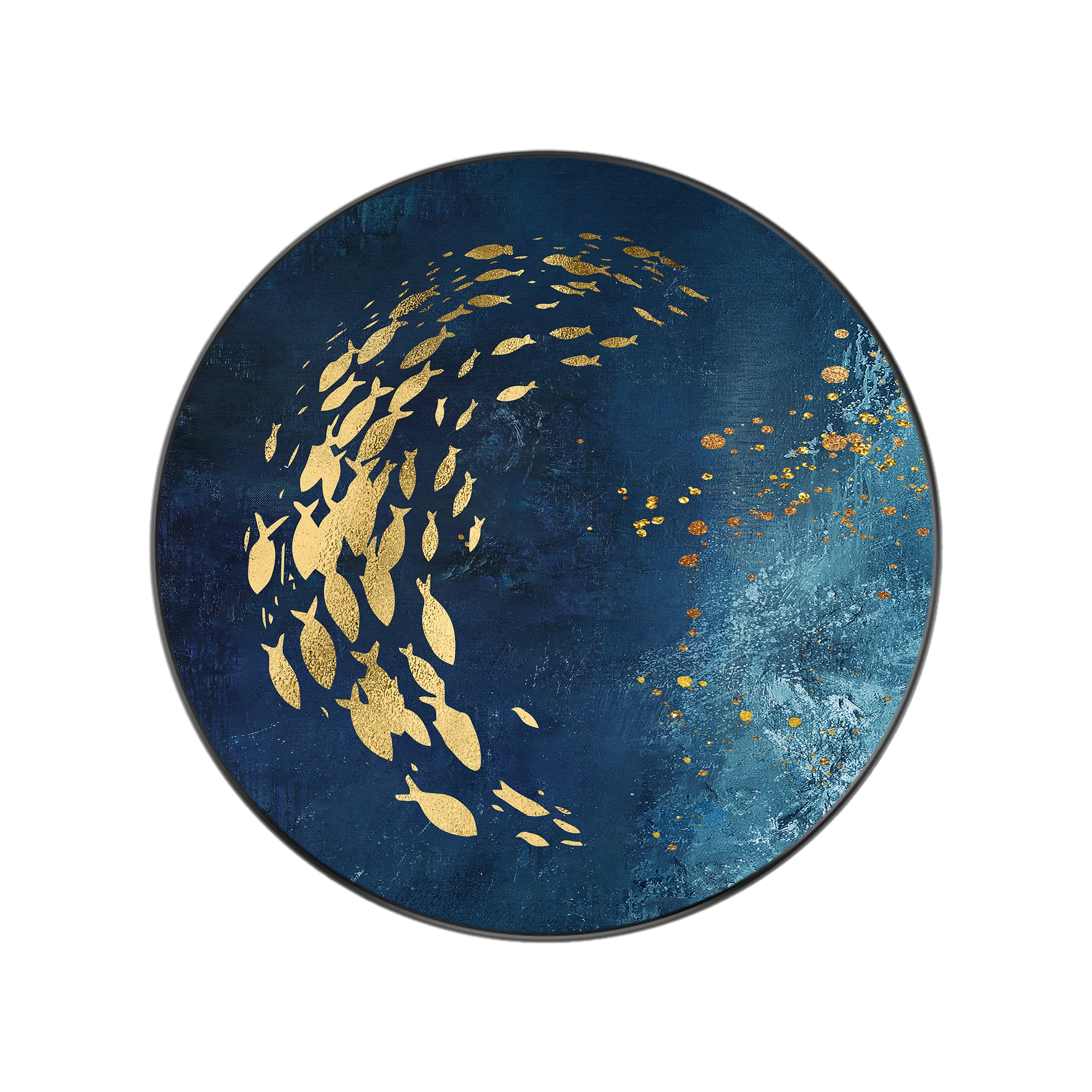 Navy blue abstract fish round framed art