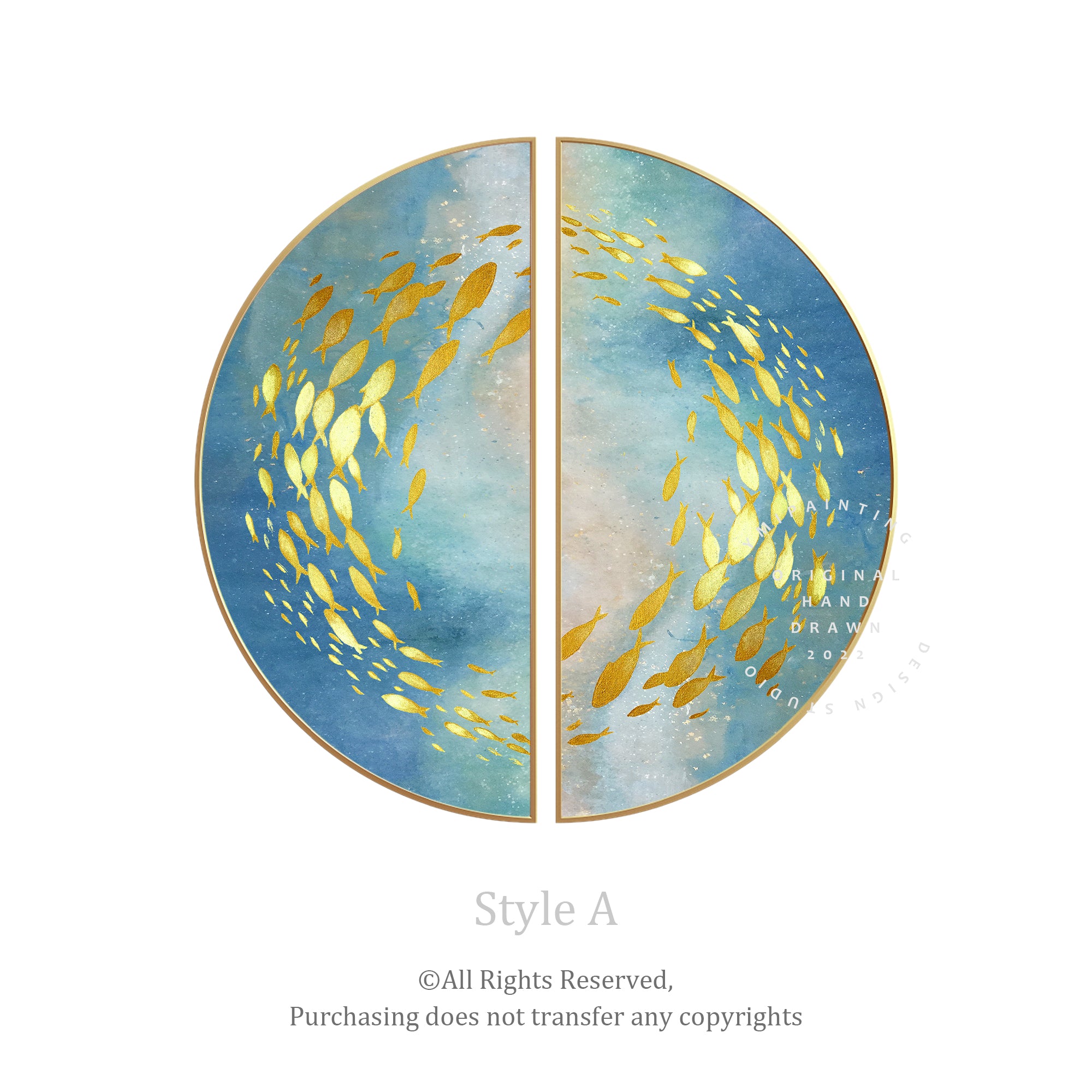 Set of 2 round framed blue ocean with gold leaf fish abstract art