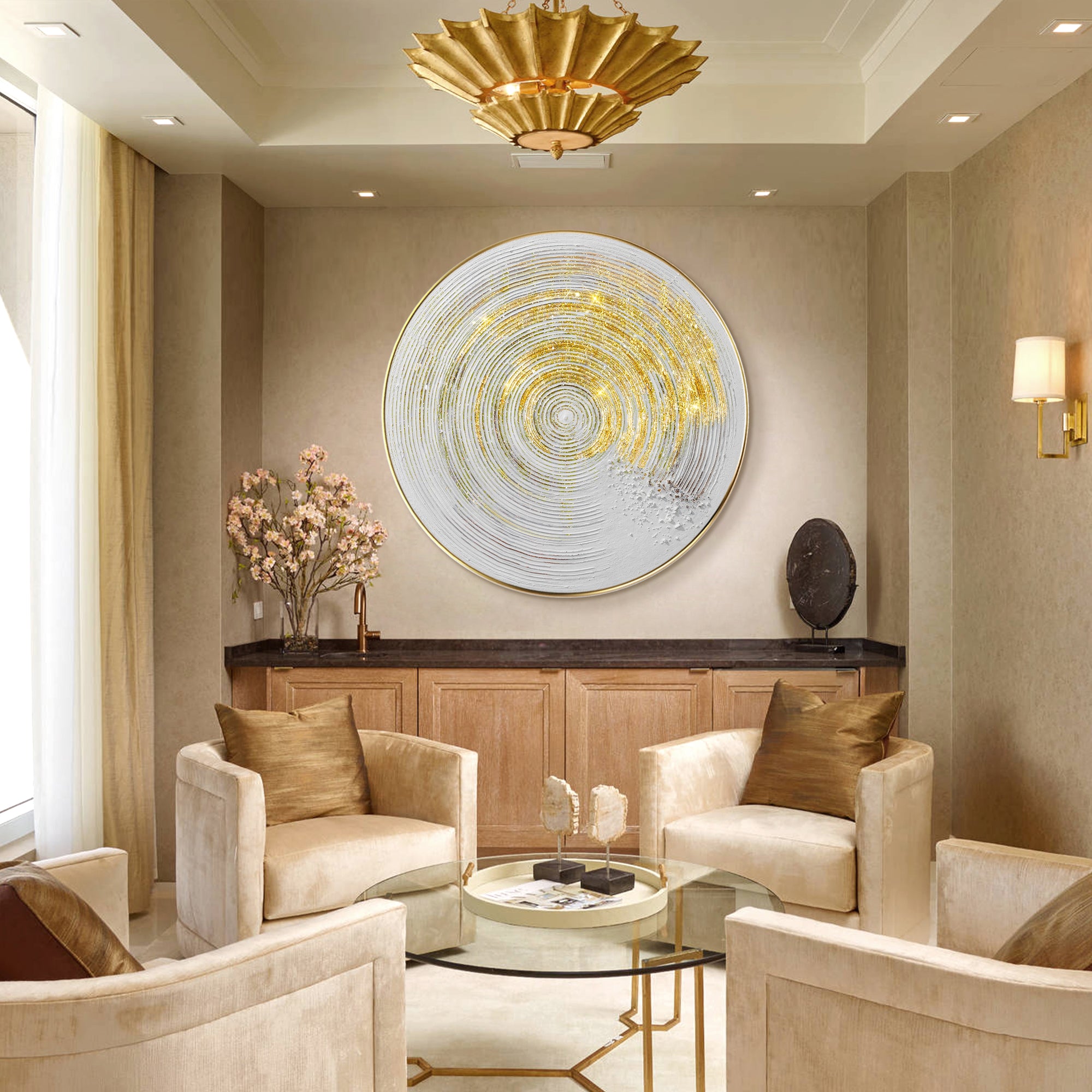 Modern Minimalist wall art gold and white round framed