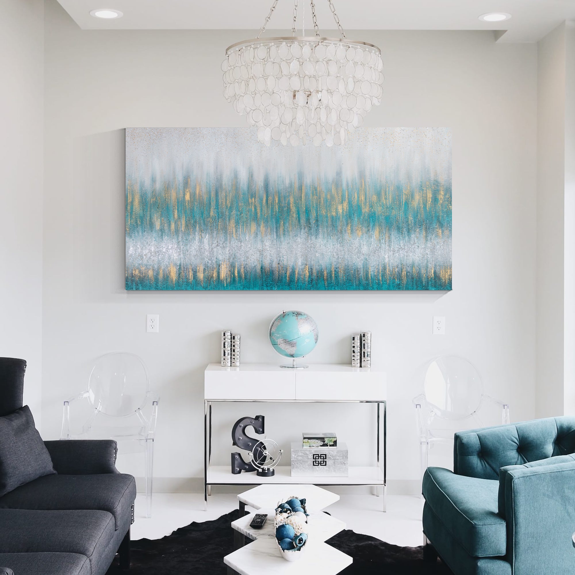 Teal gold modern glitter wall art