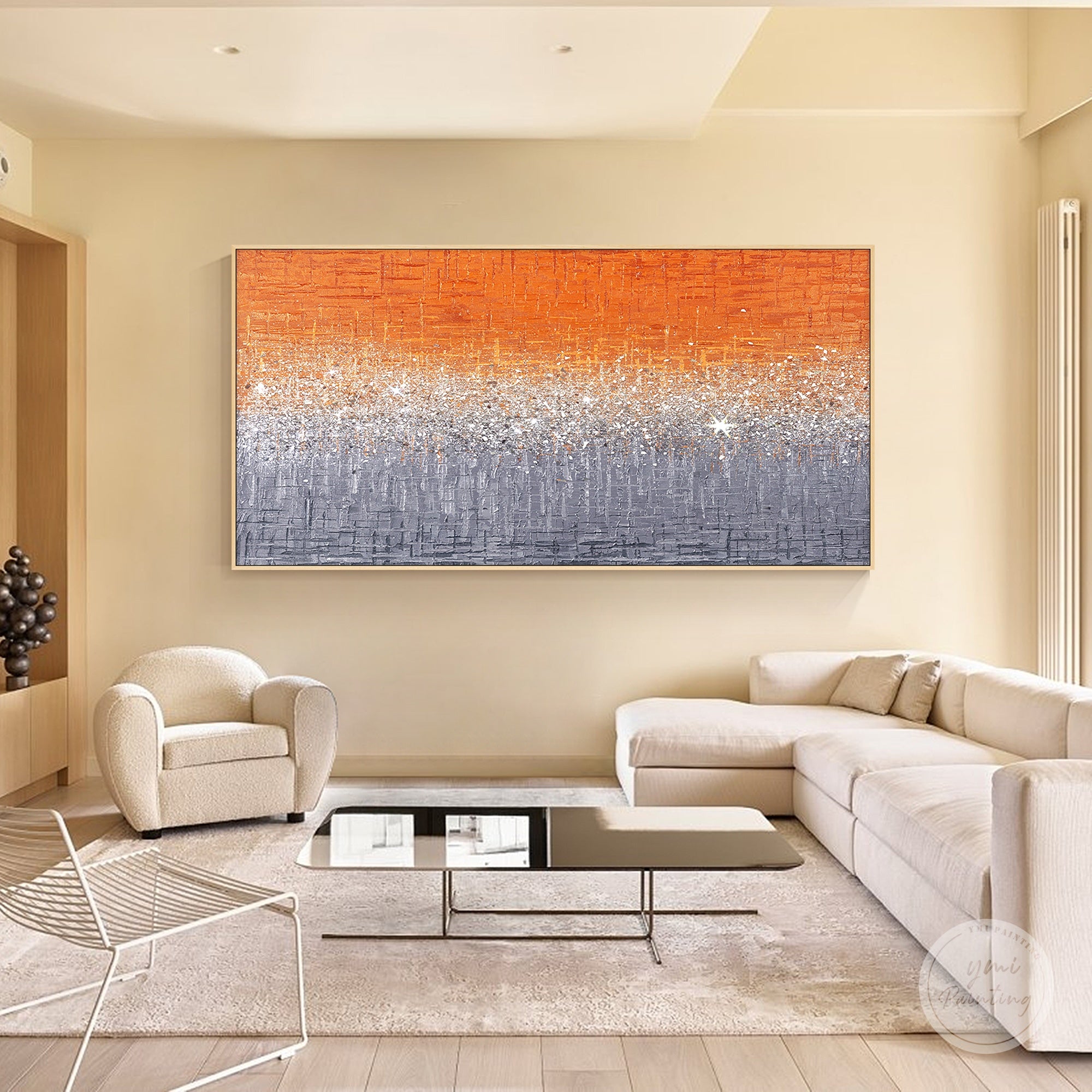Textured orange wall art featuring glitter effects, glass fragments, and handcrafted artistic details