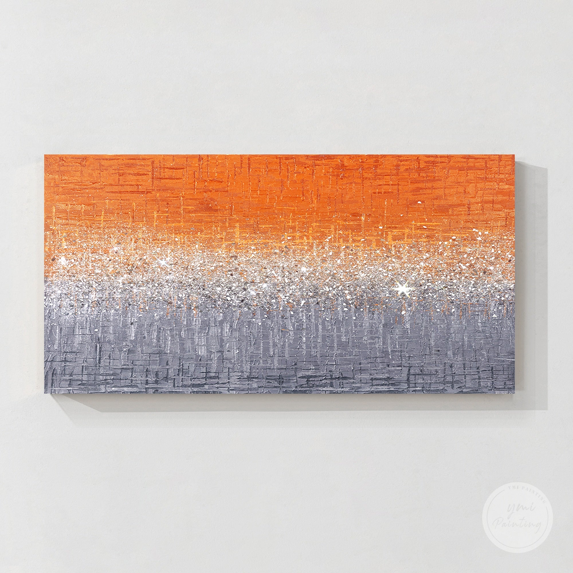 Vibrant orange glitter artwork with reflective details and textured finish for living room wall decoration