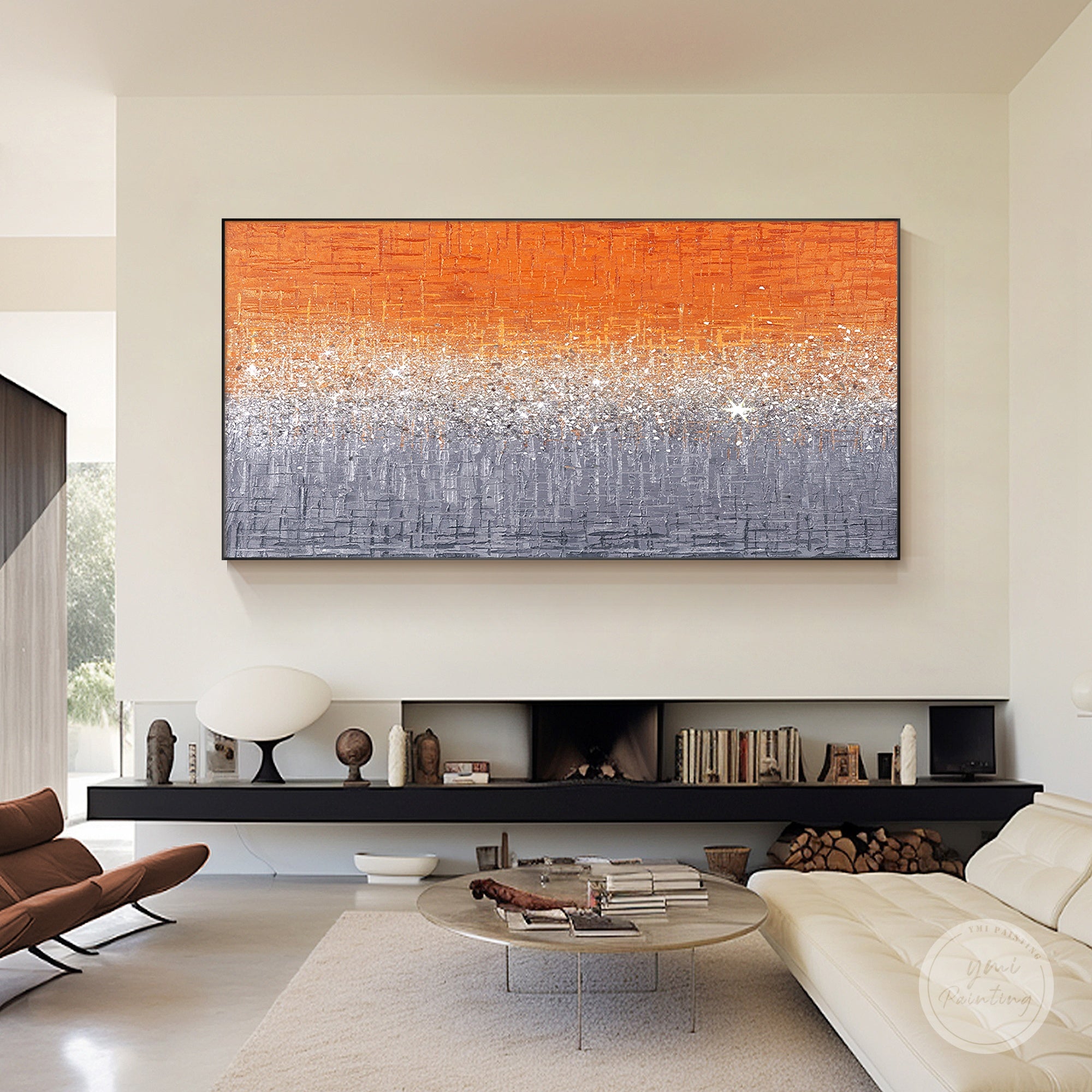 Handmade orange glitter wall decor with shimmering highlights and unique 3D surface texture for interiors