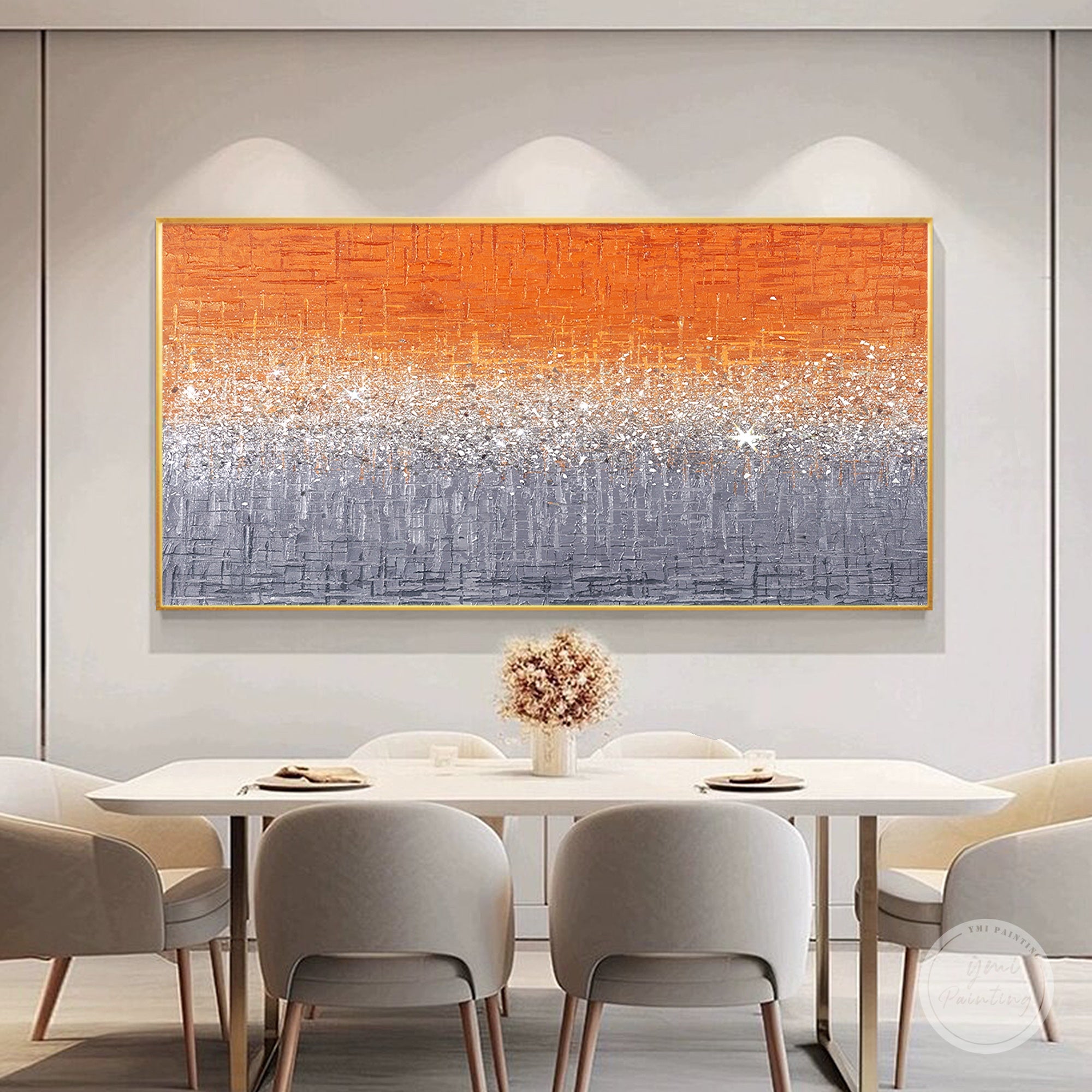 Modern abstract glitter artwork with warm orange colors, sparkling surface, and elegant textured wall design