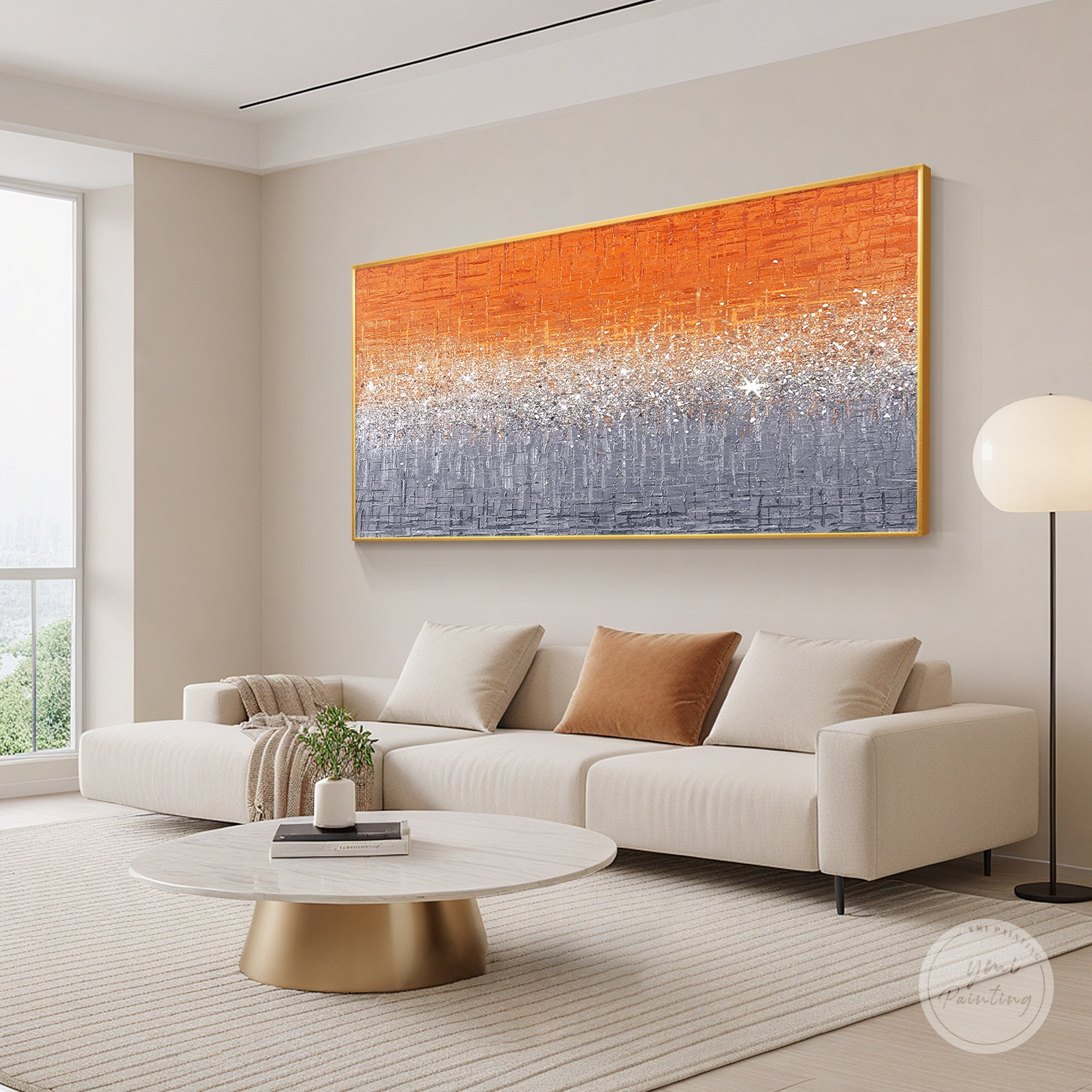 Contemporary glitter canvas painting with crushed glass texture and glamorous orange abstract composition
