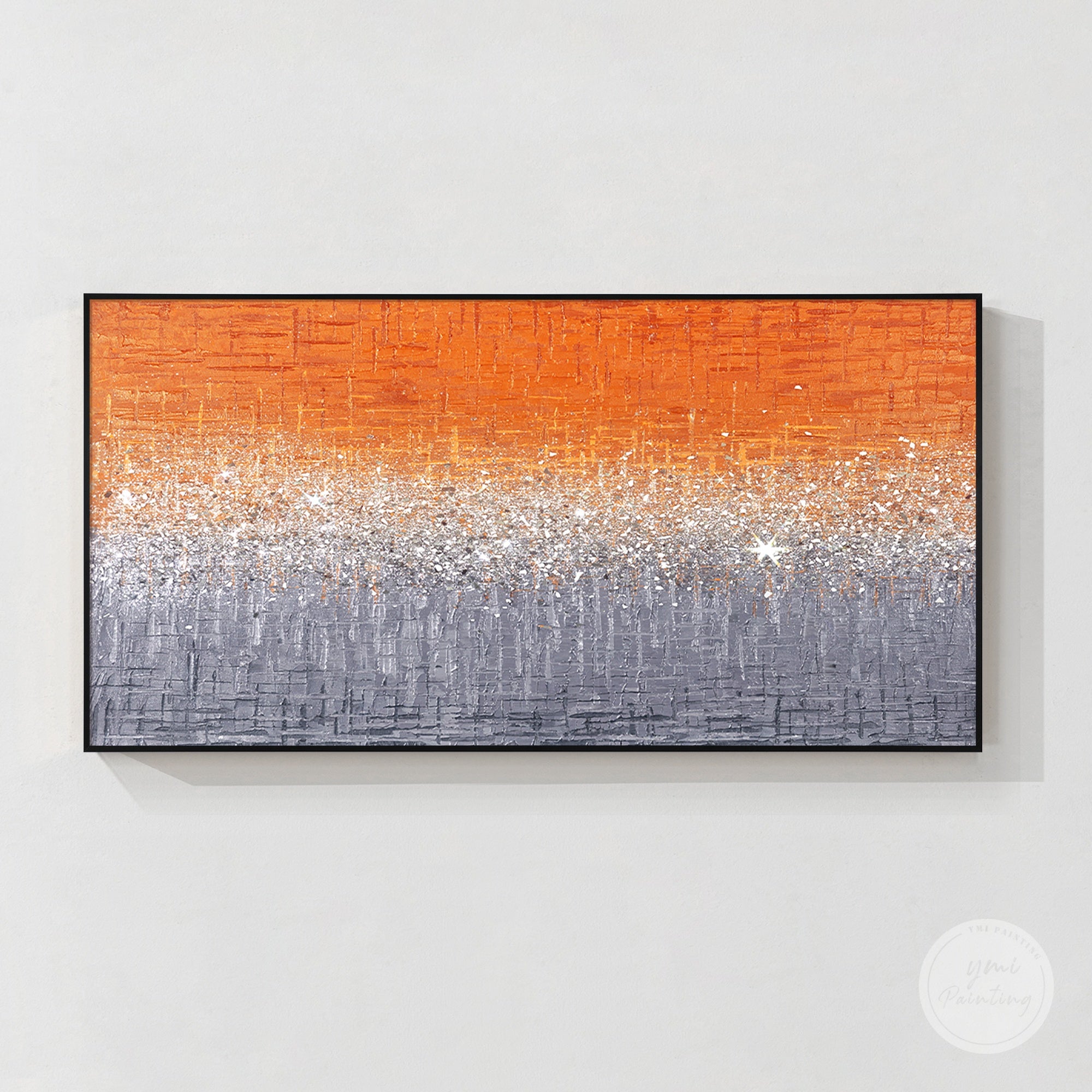Unique crushed glass glitter painting with orange tones, 3D texture, and elegant modern home decor style